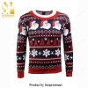 Happy Santa Watercolor Painting Striped Pattern Knitted Ugly Christmas Sweater