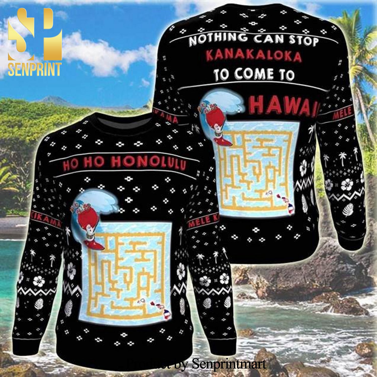 Hawaii Maze Game Print Ho Ho Honolulu Knitted Ugly Christmas Sweater