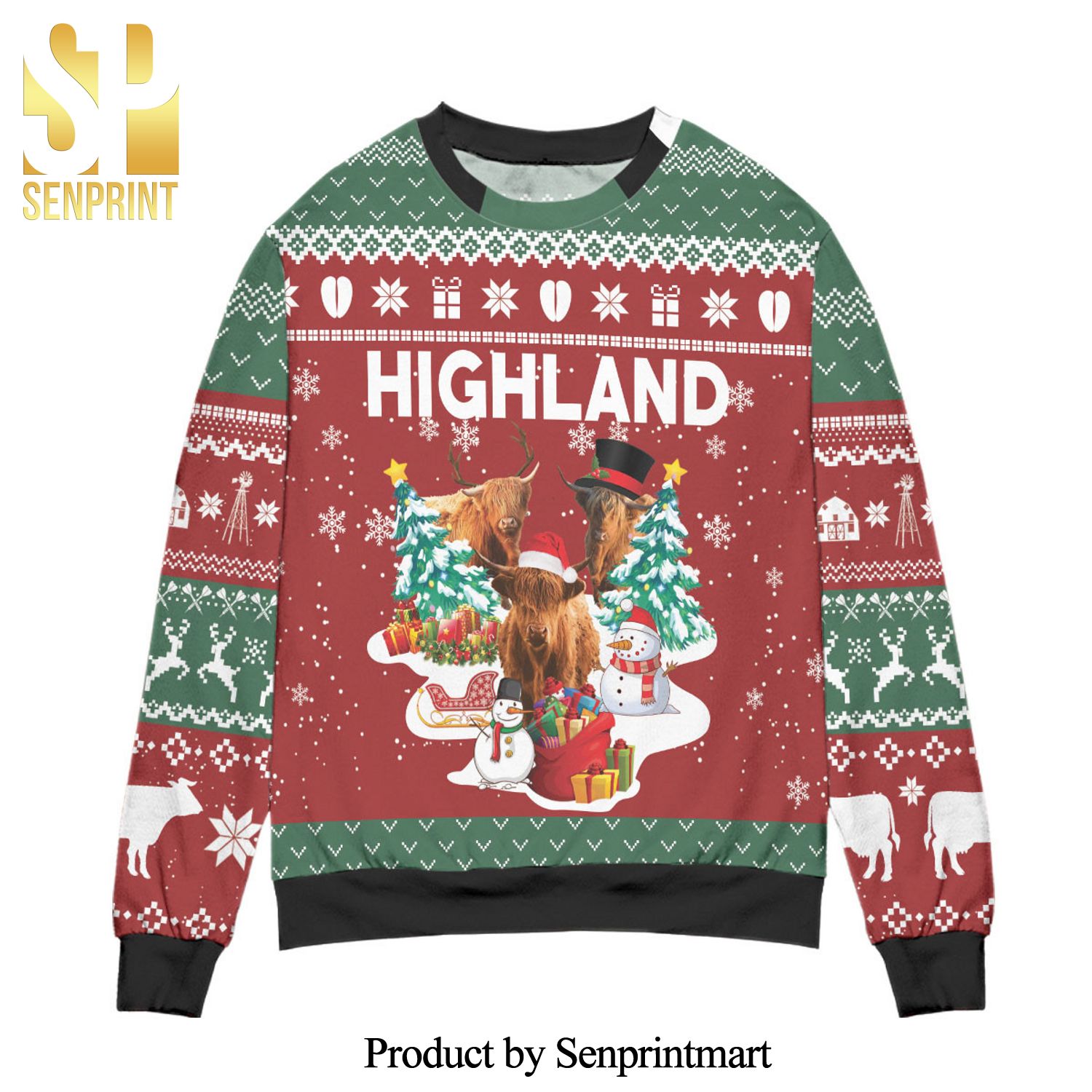 Highland Reindeer Snowflakes Pattern Knitted Ugly Christmas Sweater