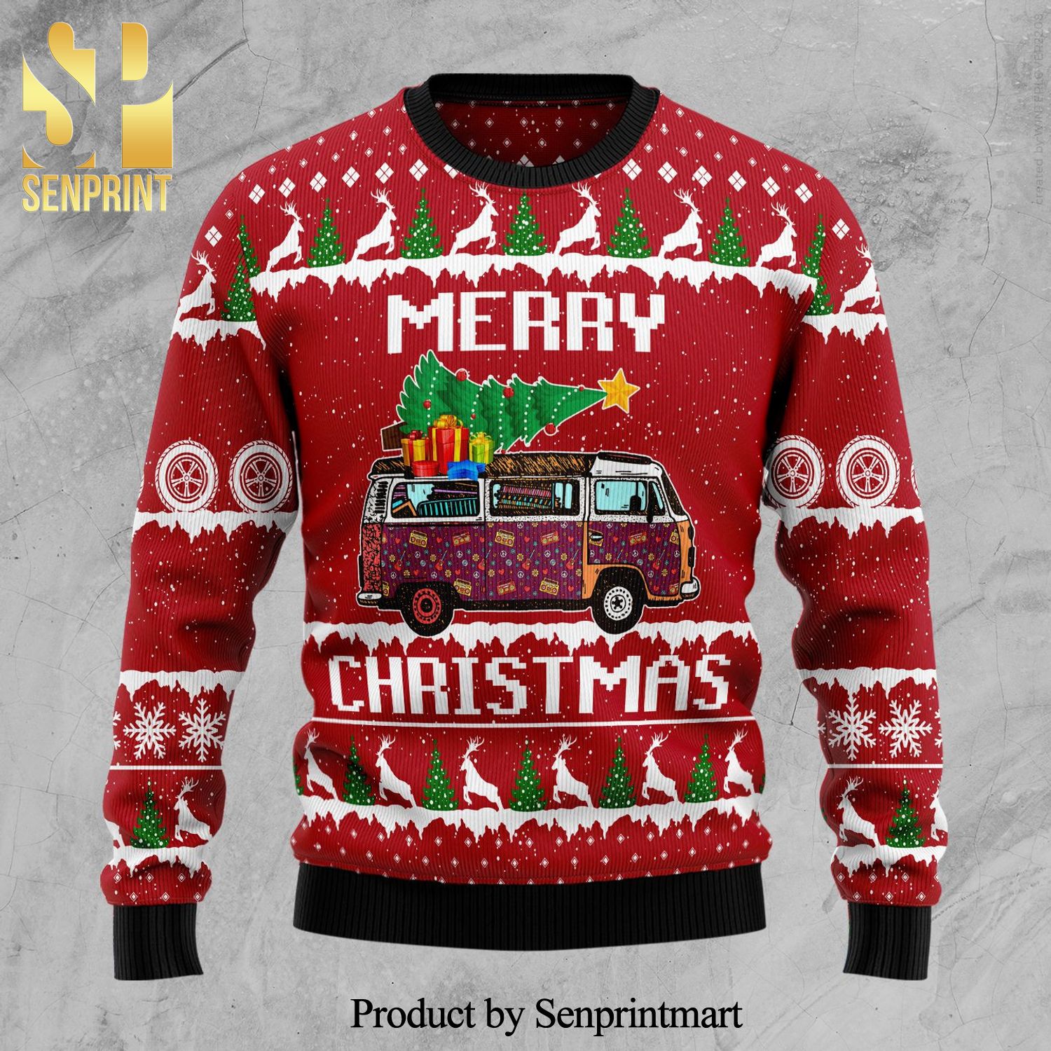 Hippie Car Merry Xmas Knitted Ugly Christmas Sweater