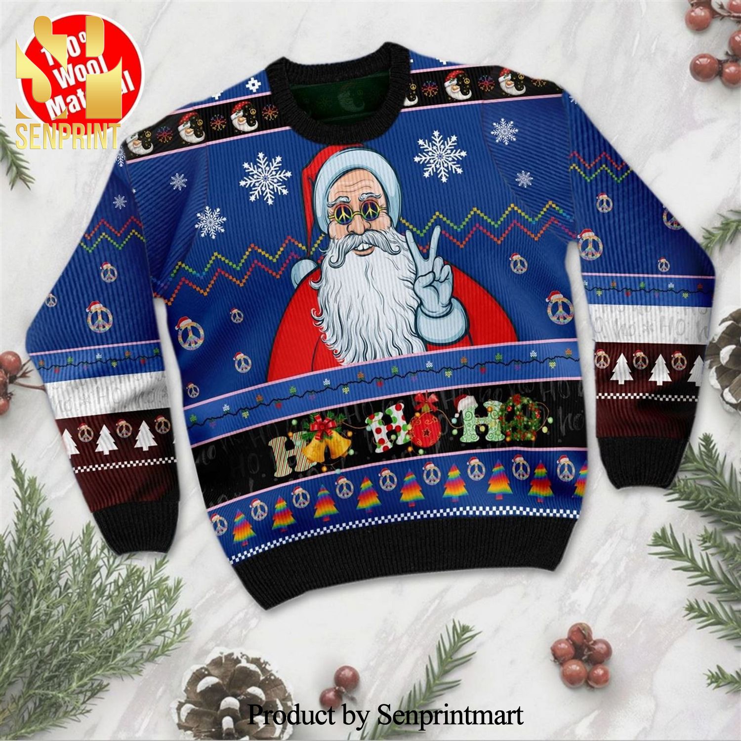 Ho Ho Ho Hippie Santa Claus Knitted Ugly Christmas Sweater