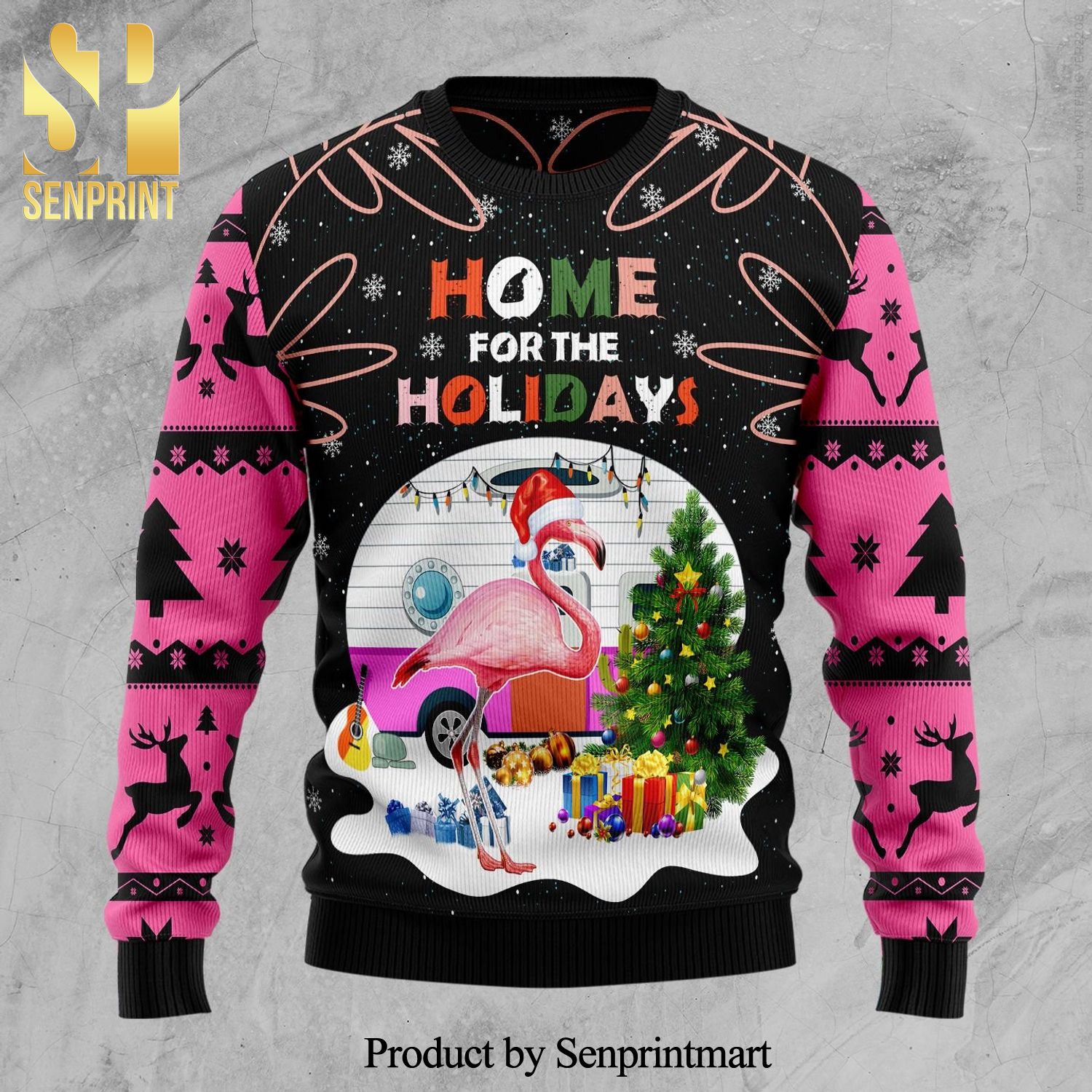 Home For The Holidays Flamingo Knitted Ugly Christmas Sweater