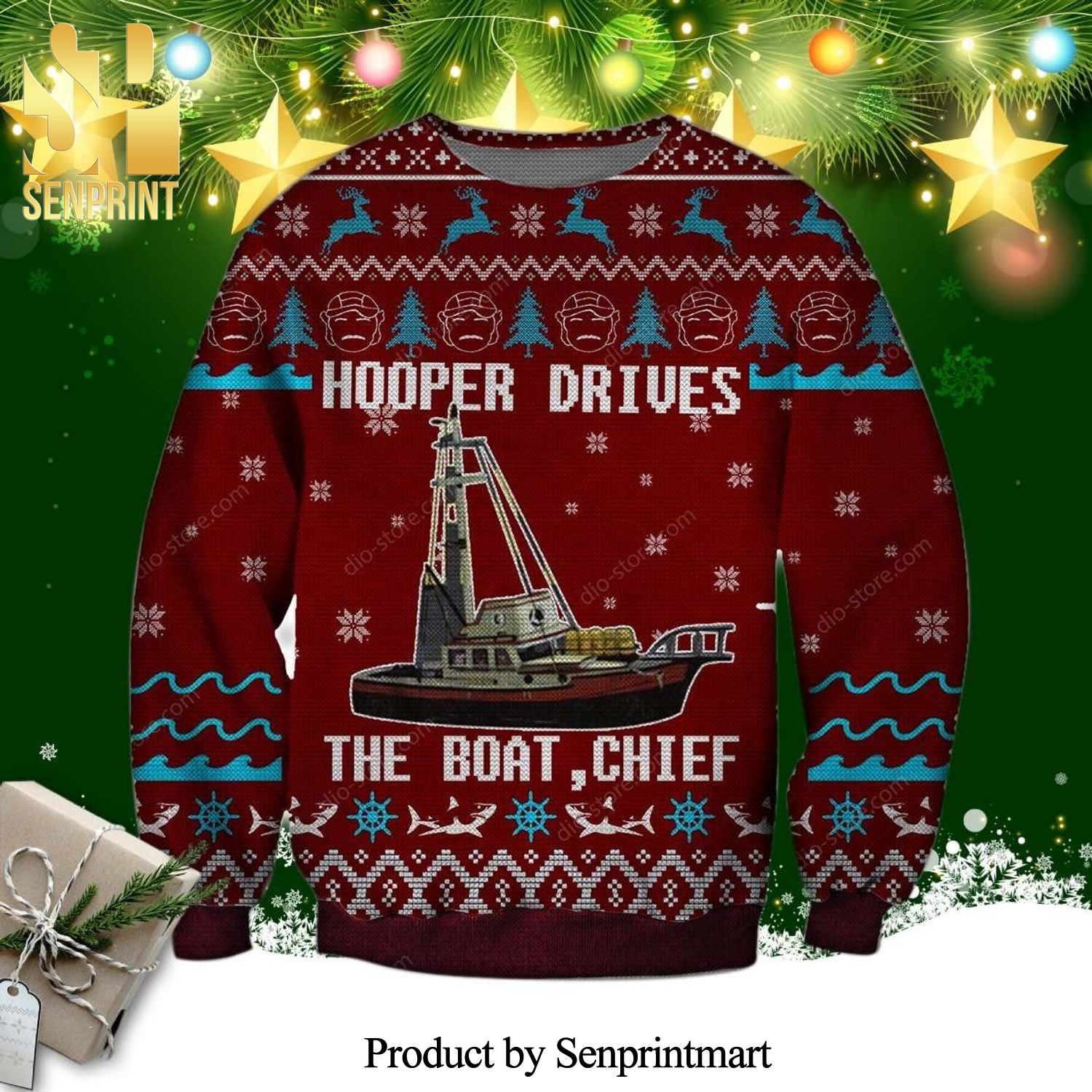 Hooper Drives The Boat Jaws Knitted Ugly Christmas Sweater