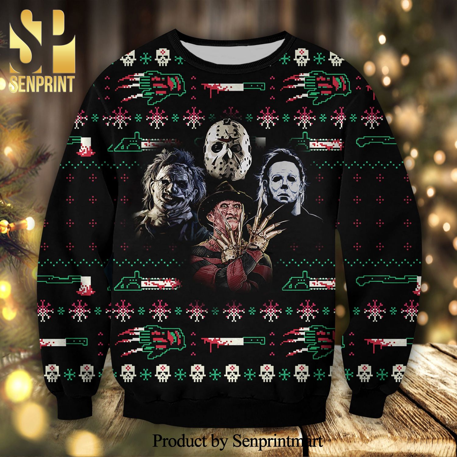 Horror Character Wrath And Knife Horror Movie Halloween Knitted Ugly Christmas Sweater