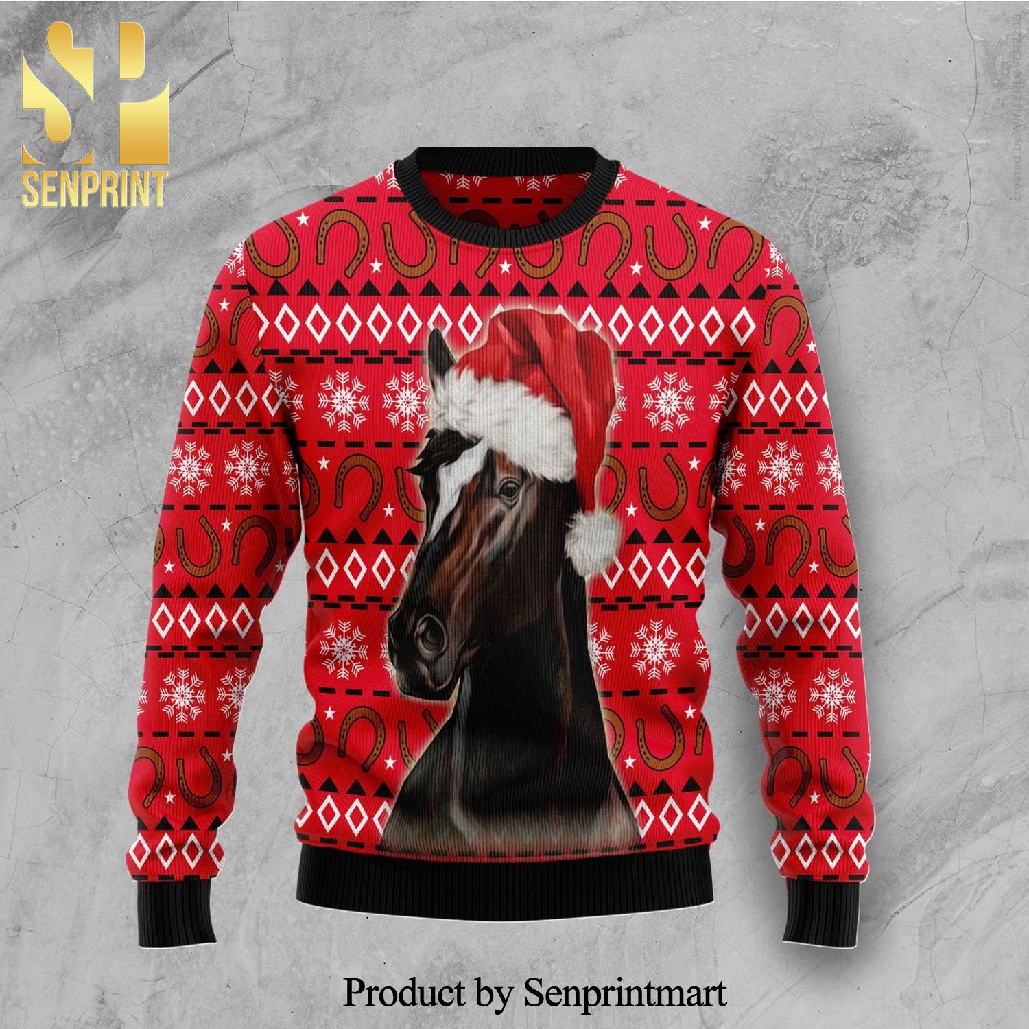 Horse Wearing Santa Hat Knitted Ugly Christmas Sweater