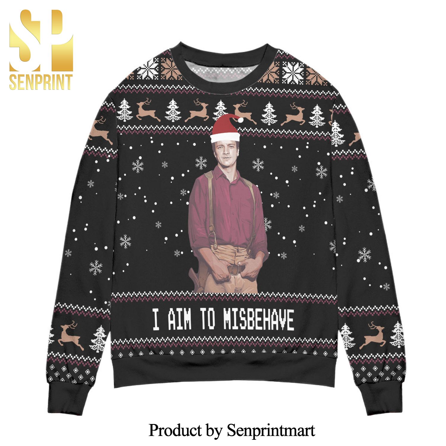 I Aim to Misbehave Survay Says Snowflake Reindeer Pattern Knitted Ugly Christmas Sweater – Black