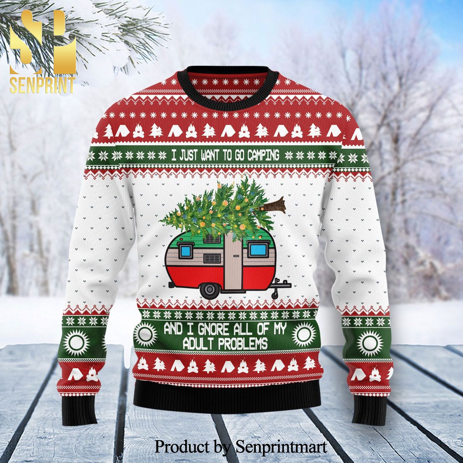 I Just Want To Go Camping And I Gnore All Of My Adult Problems Knitted Ugly Christmas Sweater