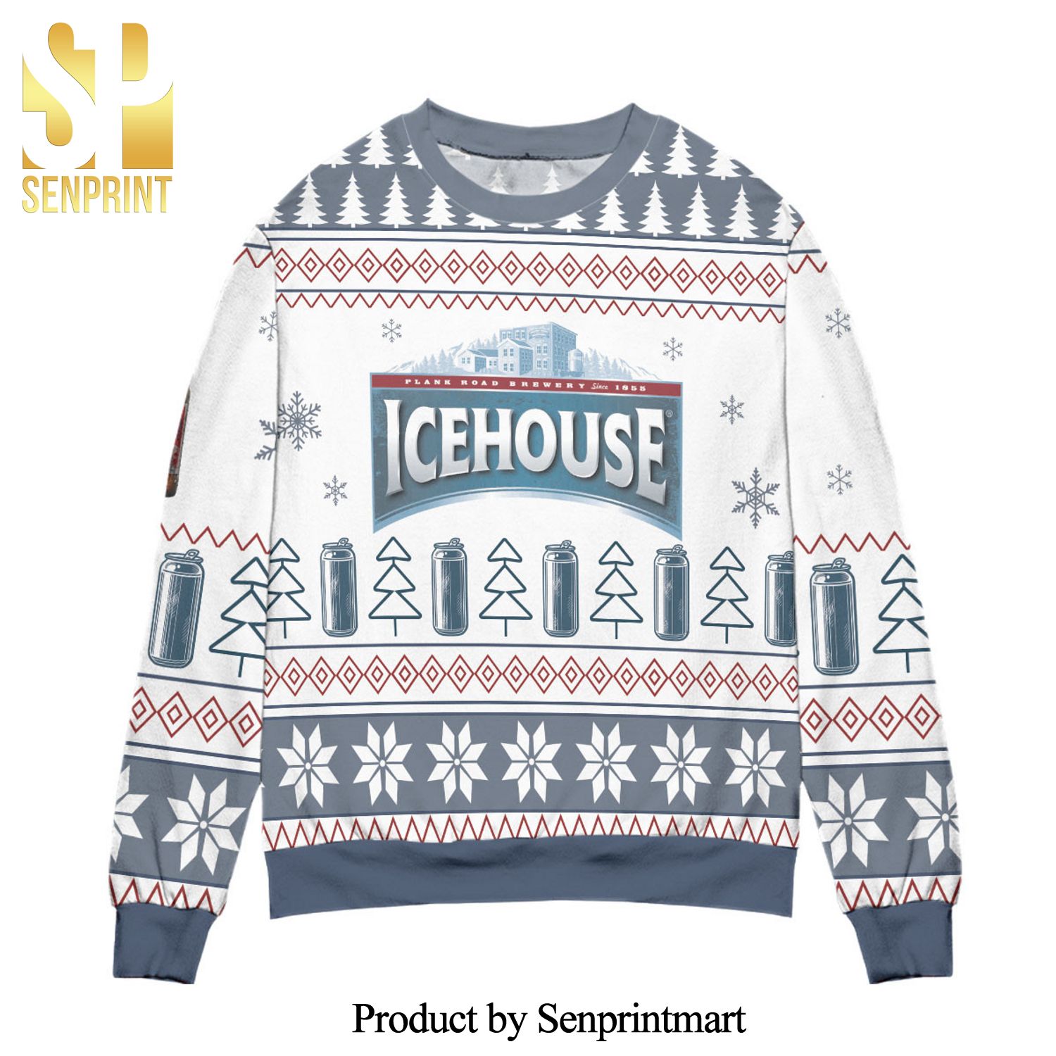 Ice House Logo Christmas Pattern Knitted Ugly Christmas Sweater – White Blue