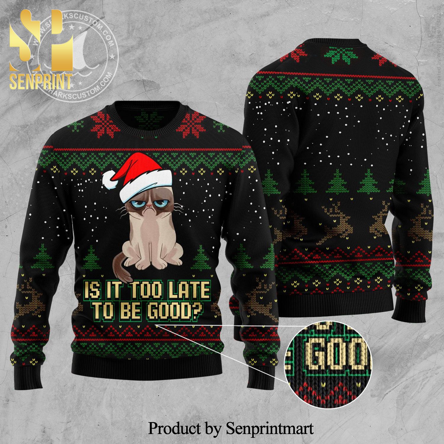 Is It Too Late To Be Good Cat Knitted Ugly Christmas Sweater