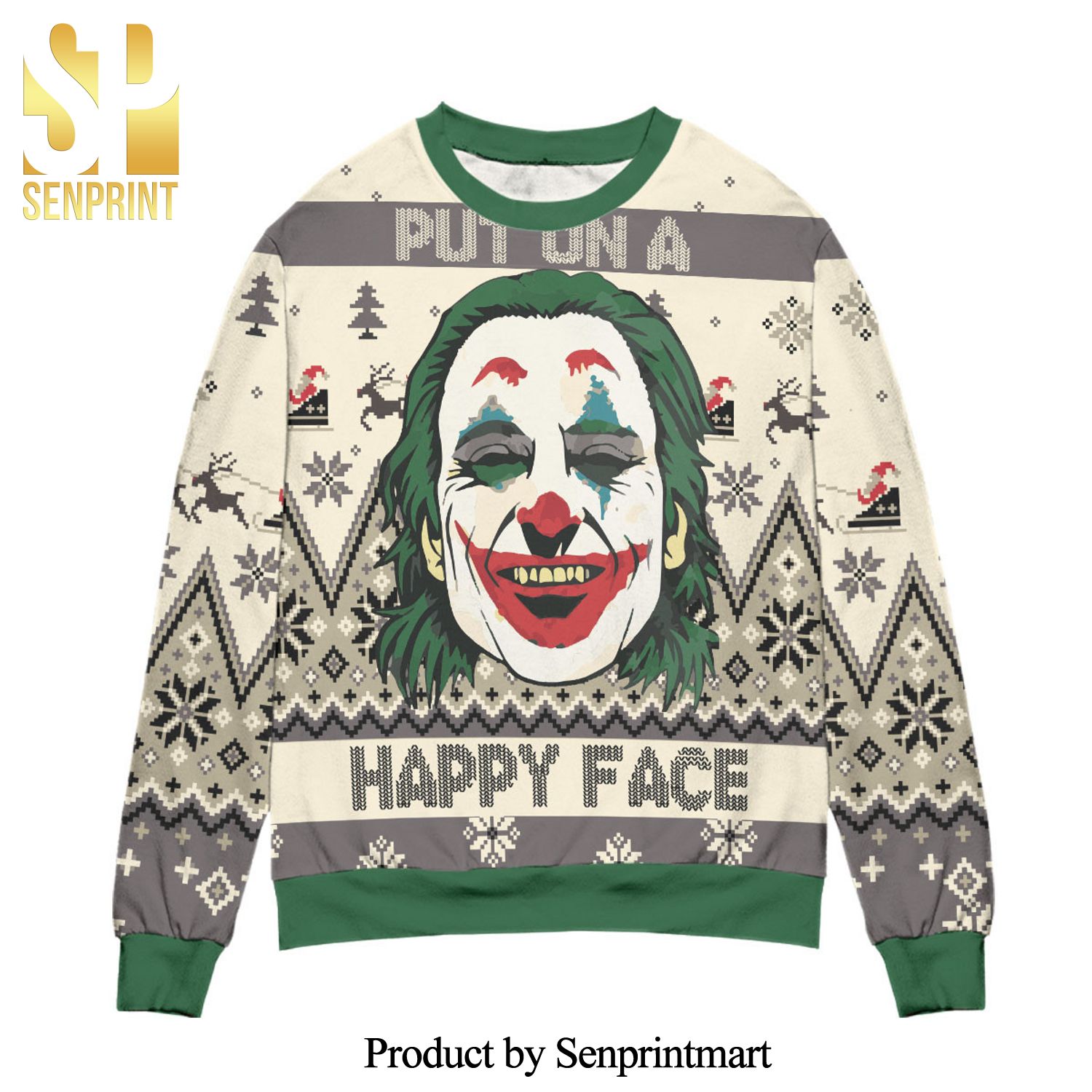 Joker Put On A Happy Face Reindeer And Pine Tree Pattern Knitted Ugly Christmas Sweater