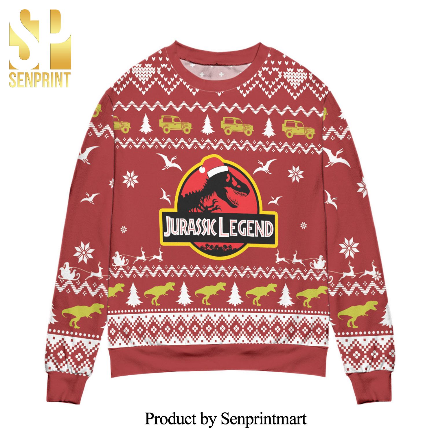 Jurassic Park Legend Dinosaur Pattern Knitted Ugly Christmas Sweater – Red