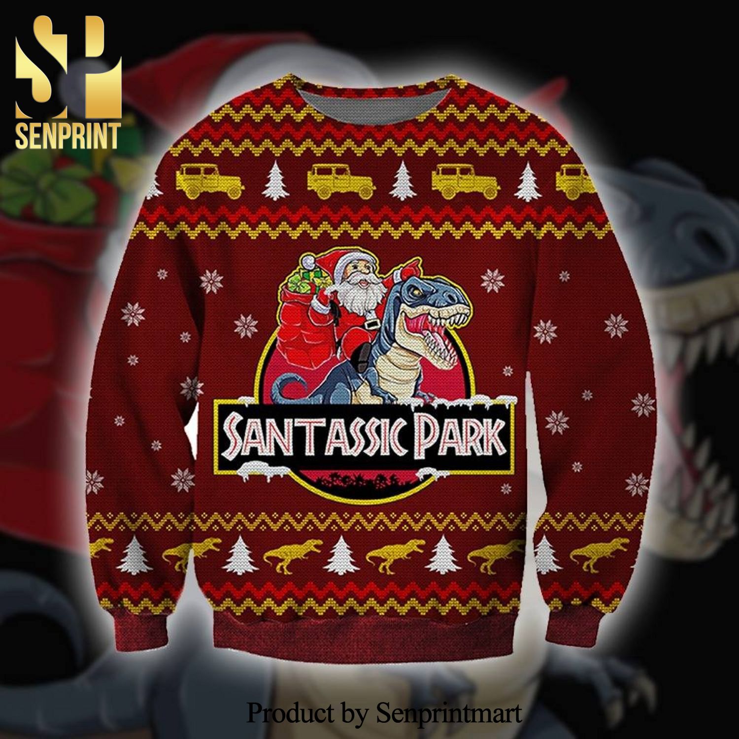 Jurassic Park Santa Claus Riding A Dinosaur Knitted Ugly Christmas Sweater