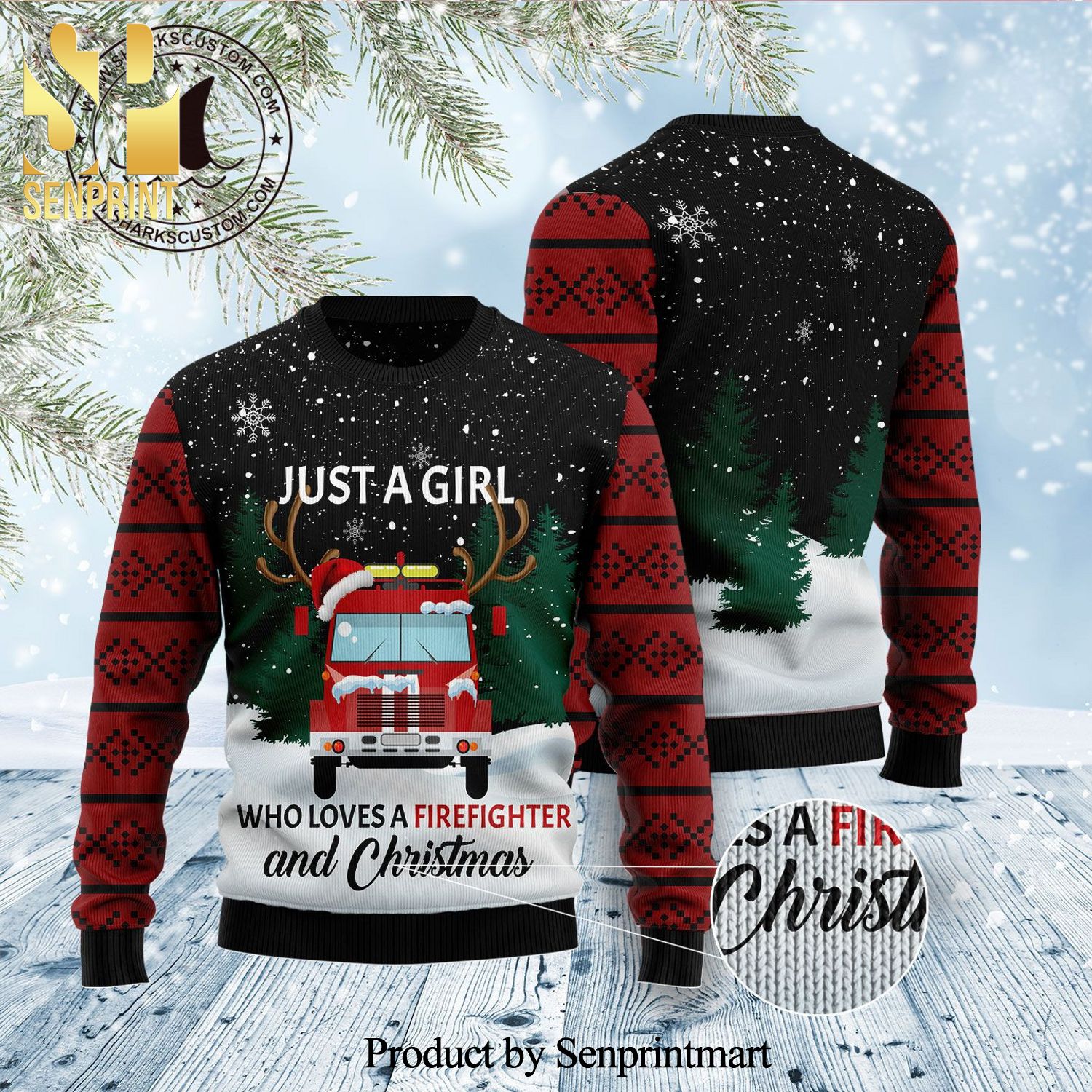 Just A Girl Who Loves Firefighter Knitted Ugly Christmas Sweater