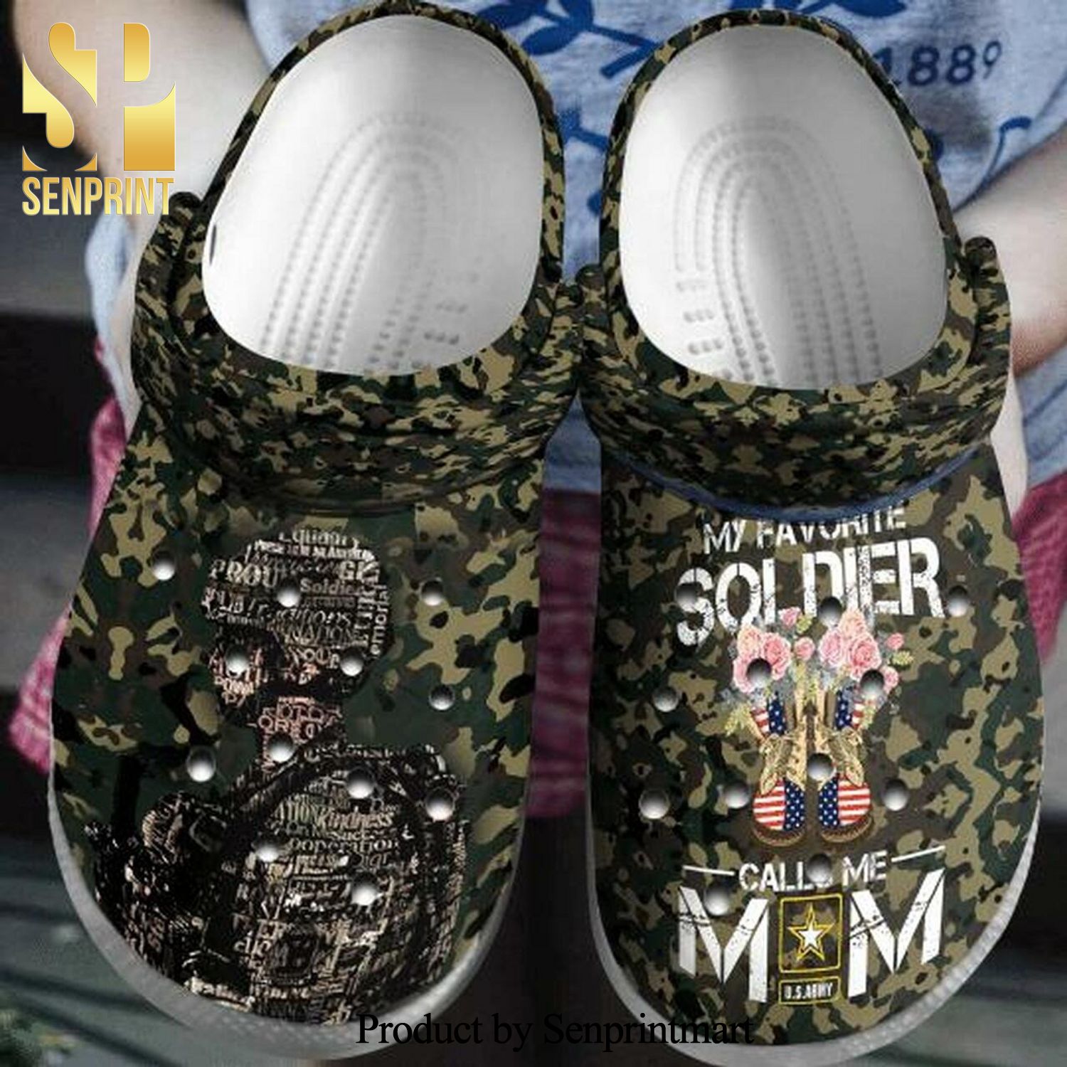 Army Camo My Favorite Soldier Call Me Mom Comfortable Classic Waterar Full Printing Crocs Crocband Adult Clogs