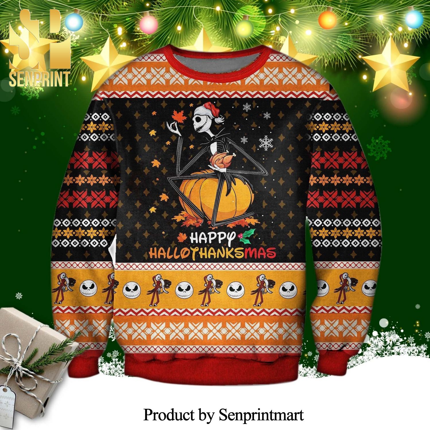 Jack Skellington Hallothanksmas The Nightmare Before Christmas Knitted Ugly Christmas Sweater