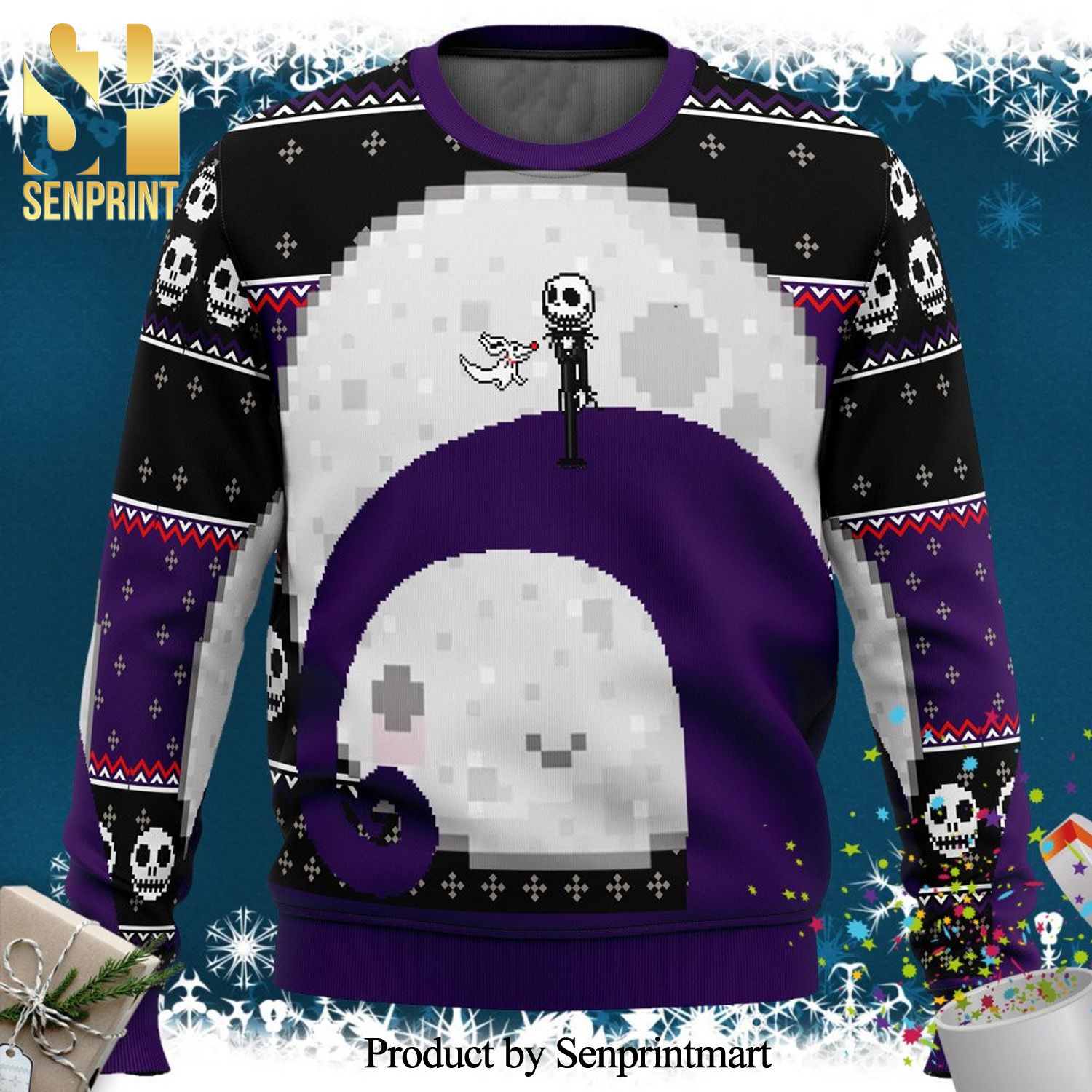 Jack Skellington Moon The Nightmare Before Christmas Horror Movie Halloween Knitted Ugly Christmas Sweater