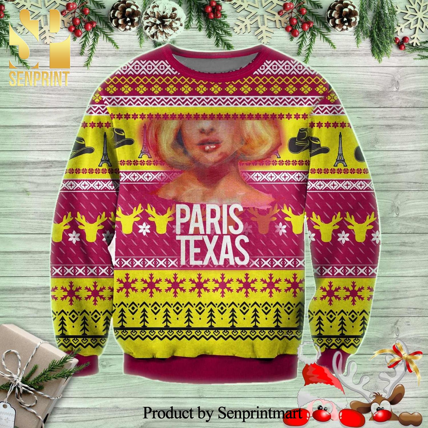 Jane Henderson Paris Texas Poster Knitted Ugly Christmas Sweater