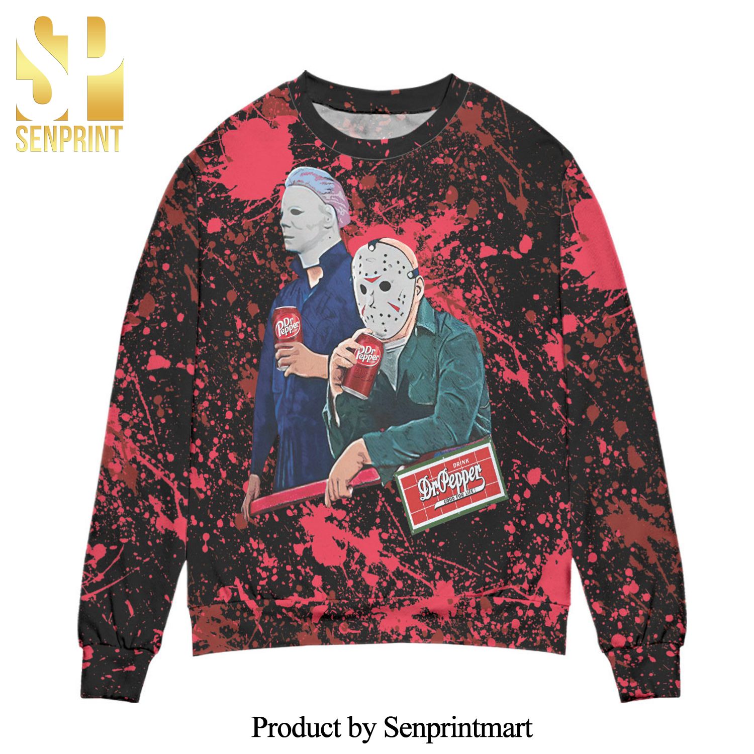 Jason Voorhees Drinking Dr Pepper Splatter Paint Knitted Ugly Christmas Sweater