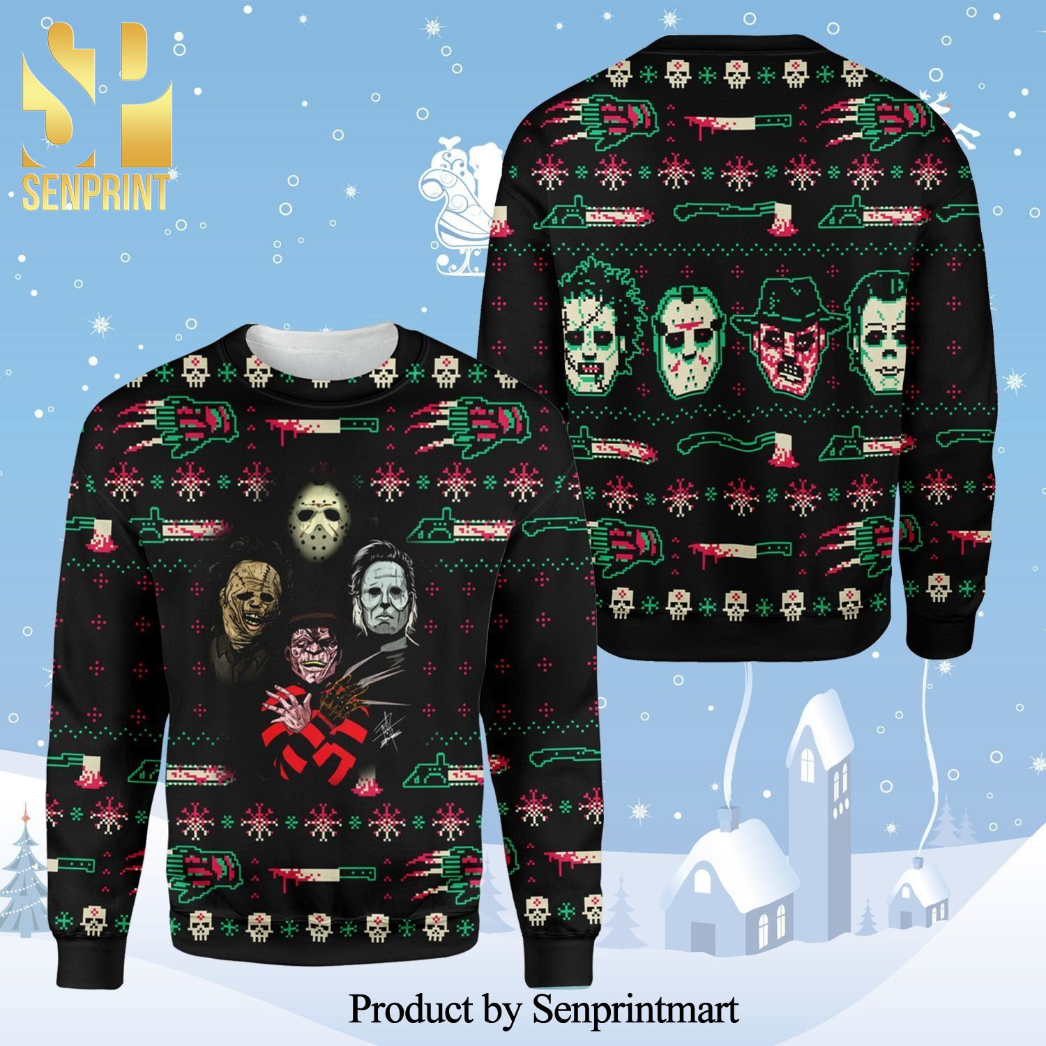 Jason Voorhees Leatherface Michael Myers Freddy Krueger Horror Killers Characters Knitted Ugly Christmas Sweater