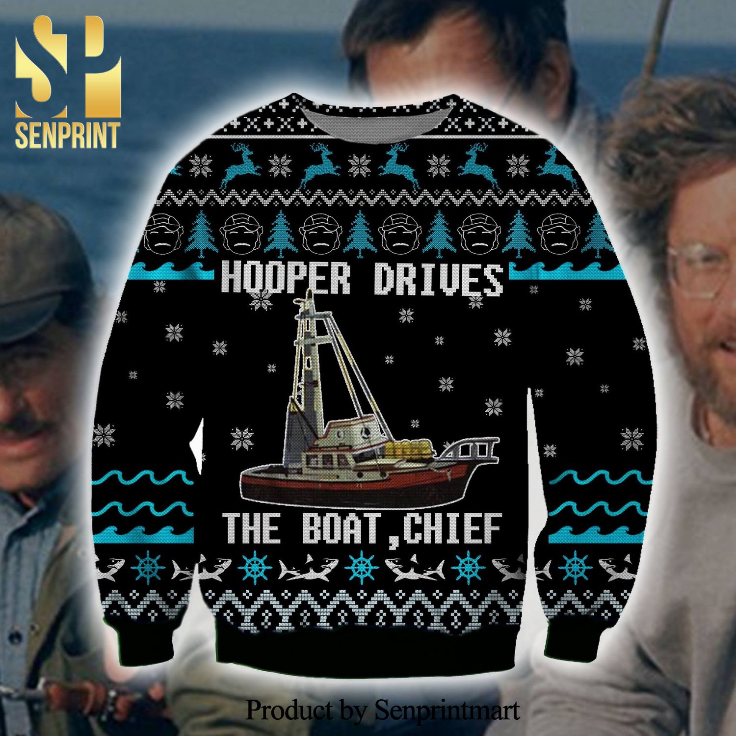 Jaws Orca Boat Hooper Drives The Boat Chief Knitted Ugly Christmas Sweater