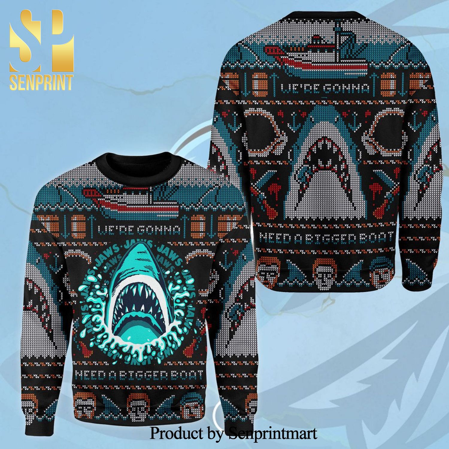 Jaws Shark We’re Gonna Need A Bigger Boat Horror Movie Knitted Ugly Christmas Sweater