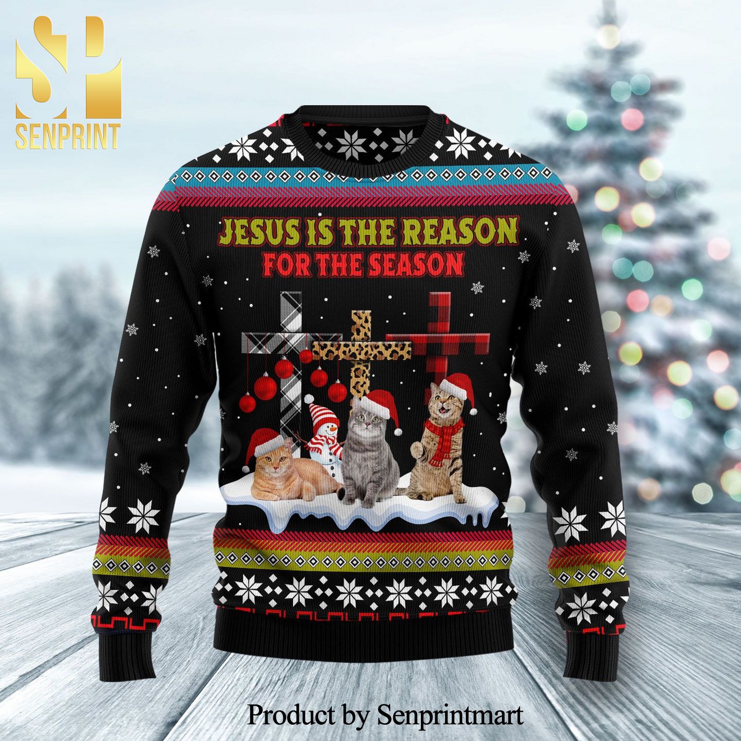 Jesus Is The Reason For The Season Cat Knitted Ugly Christmas Sweater