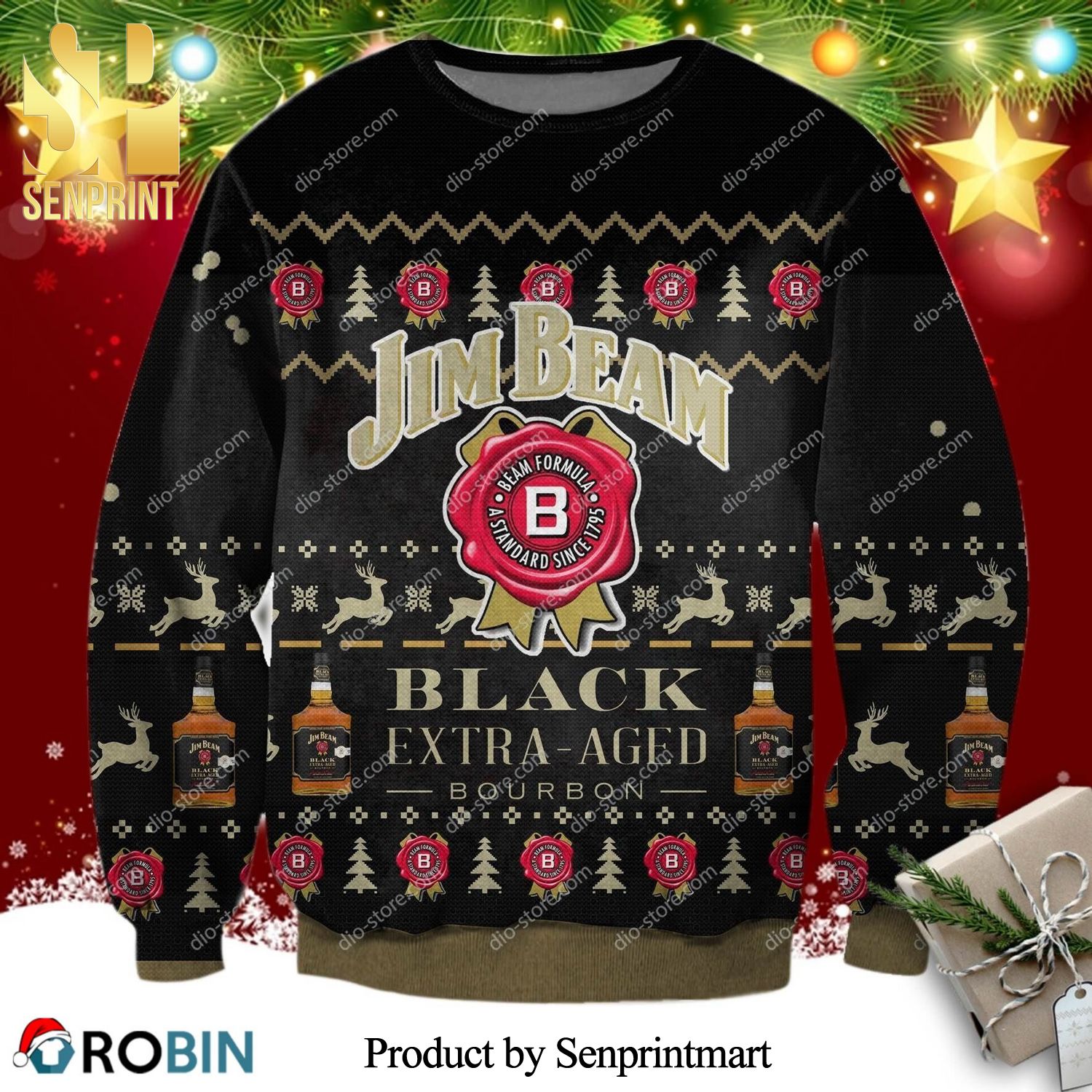 Jim Beam Black Extra Aged Bourbon Knitted Ugly Christmas Sweater