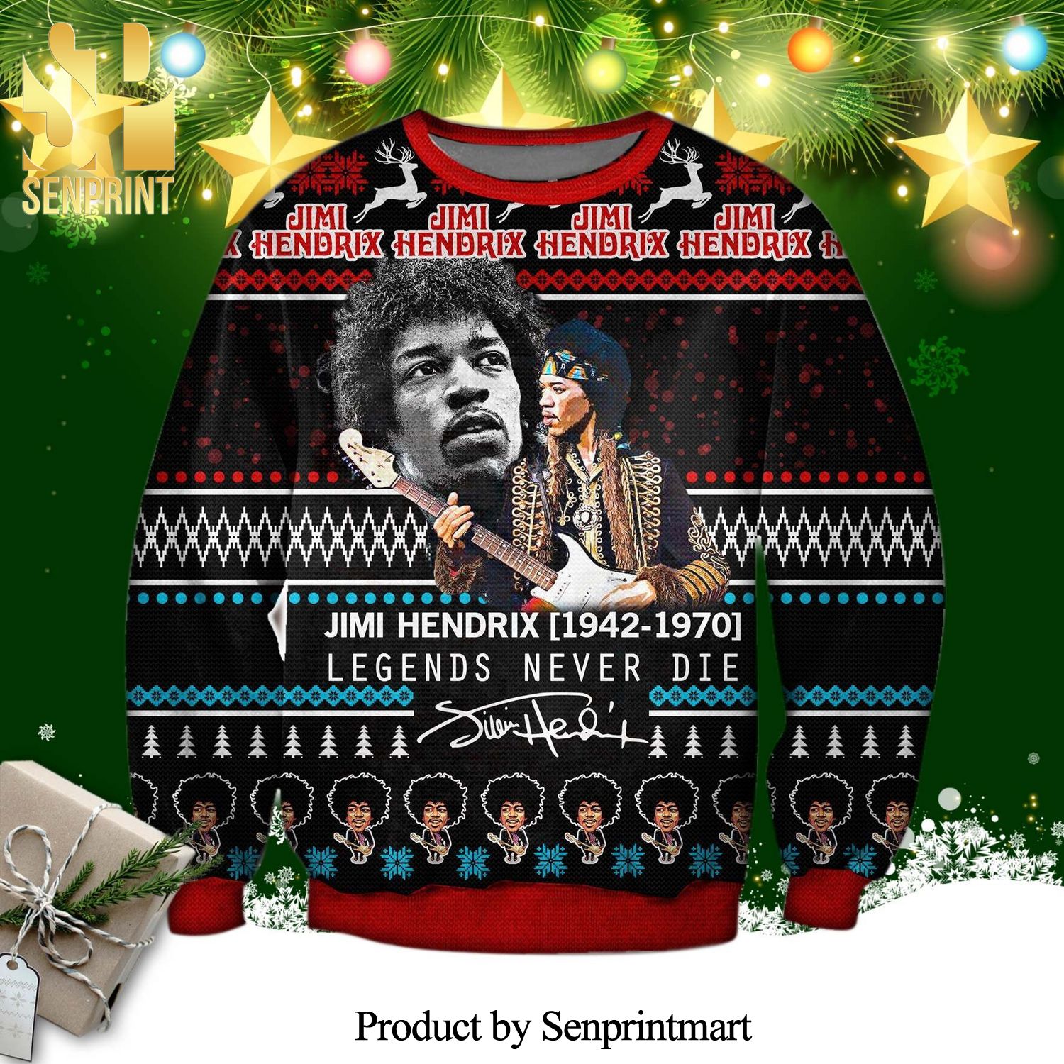 Jimi Hendrix Legends Never Die Knitted Ugly Christmas Sweater