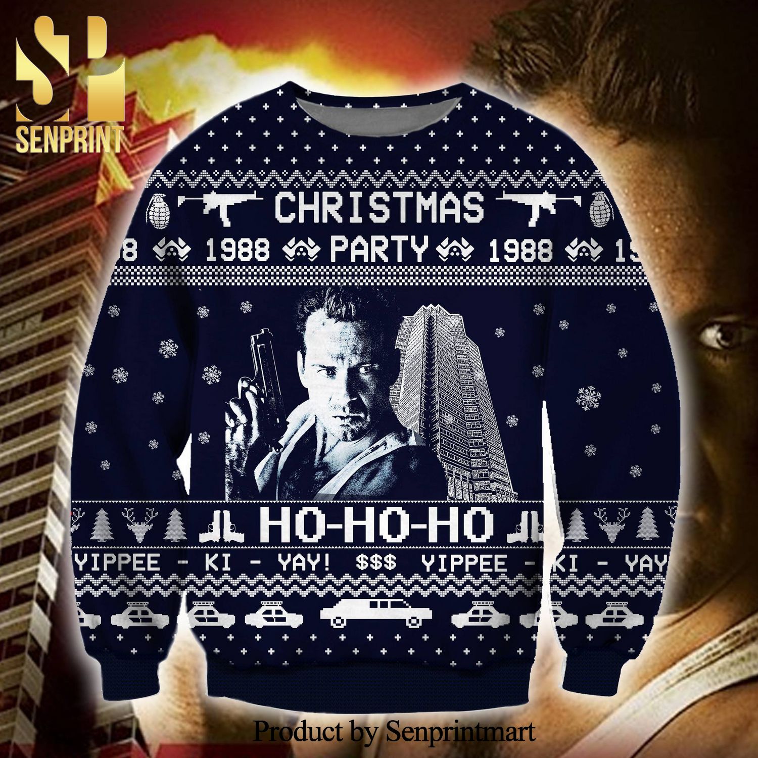 John McClane Die hard Ho-Ho-Ho Yippee-Ki-Yay Knitted Ugly Christmas Sweater