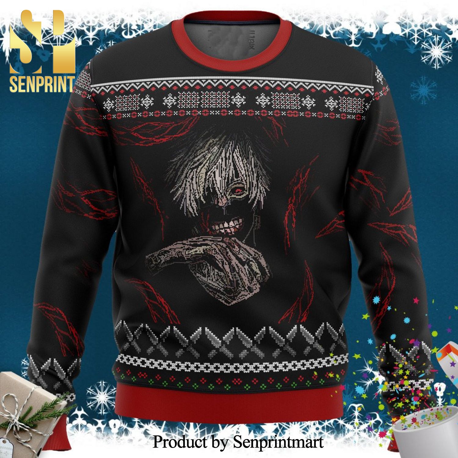 Kaneki Ken Ghoul Tokyo Dark Anime Knitted Ugly Christmas Sweater