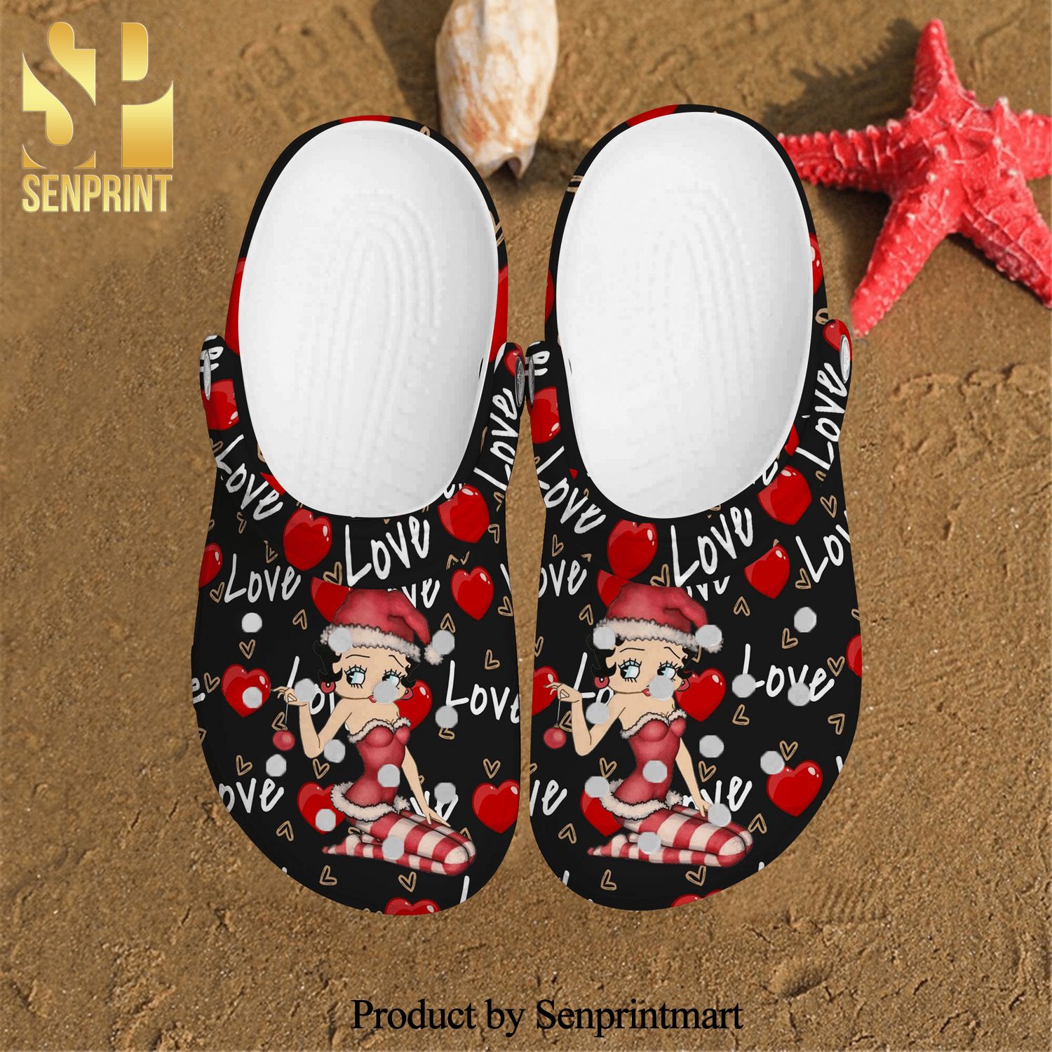 Betty Boop Singer Red Heart Sexy Girl Christmas Hat Ball Xmas Comfortable Classic Waterar 3D Crocs Crocband