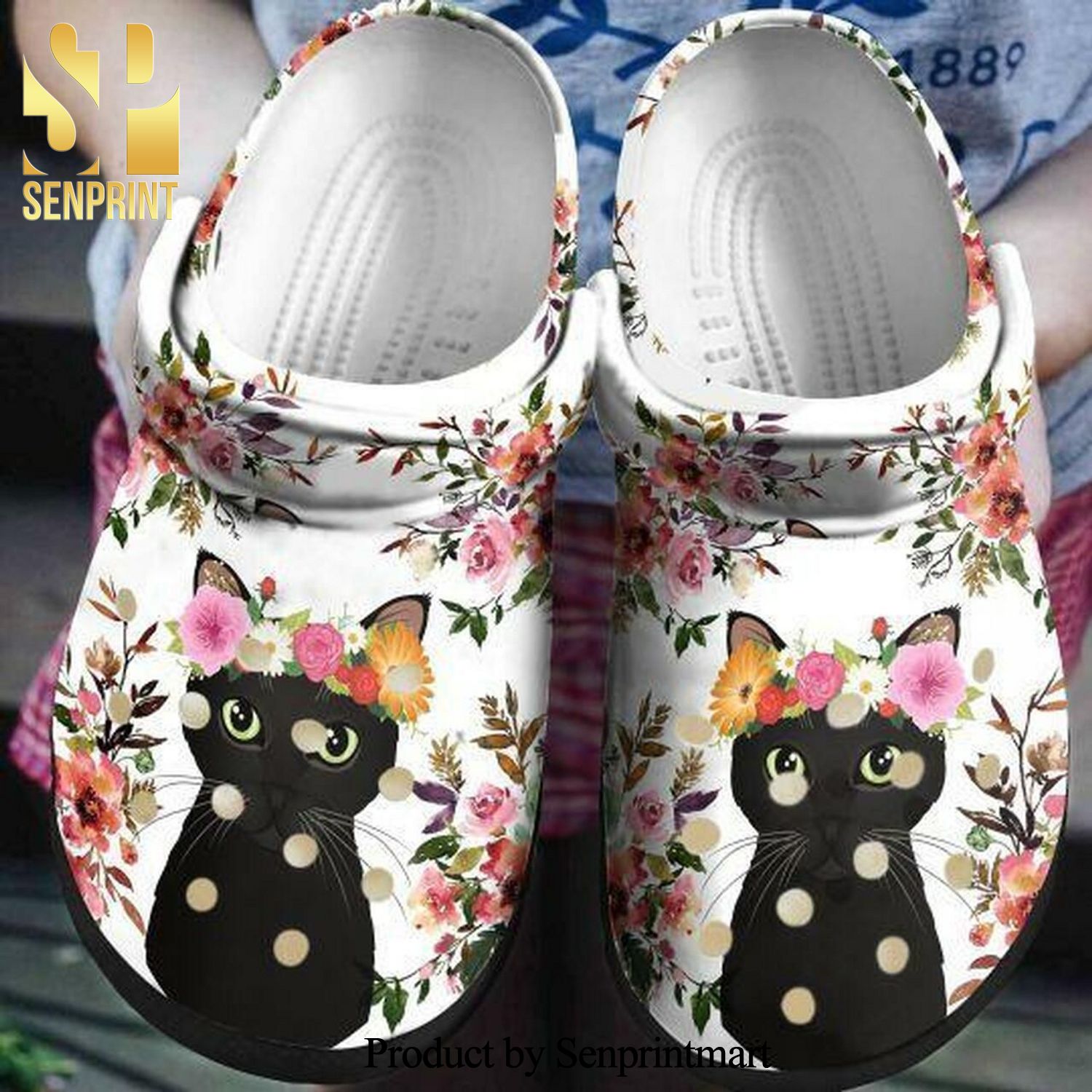 Black Cat Flower Personalized 6 Gift For Lover Full Printed Crocs Crocband Adult Clogs