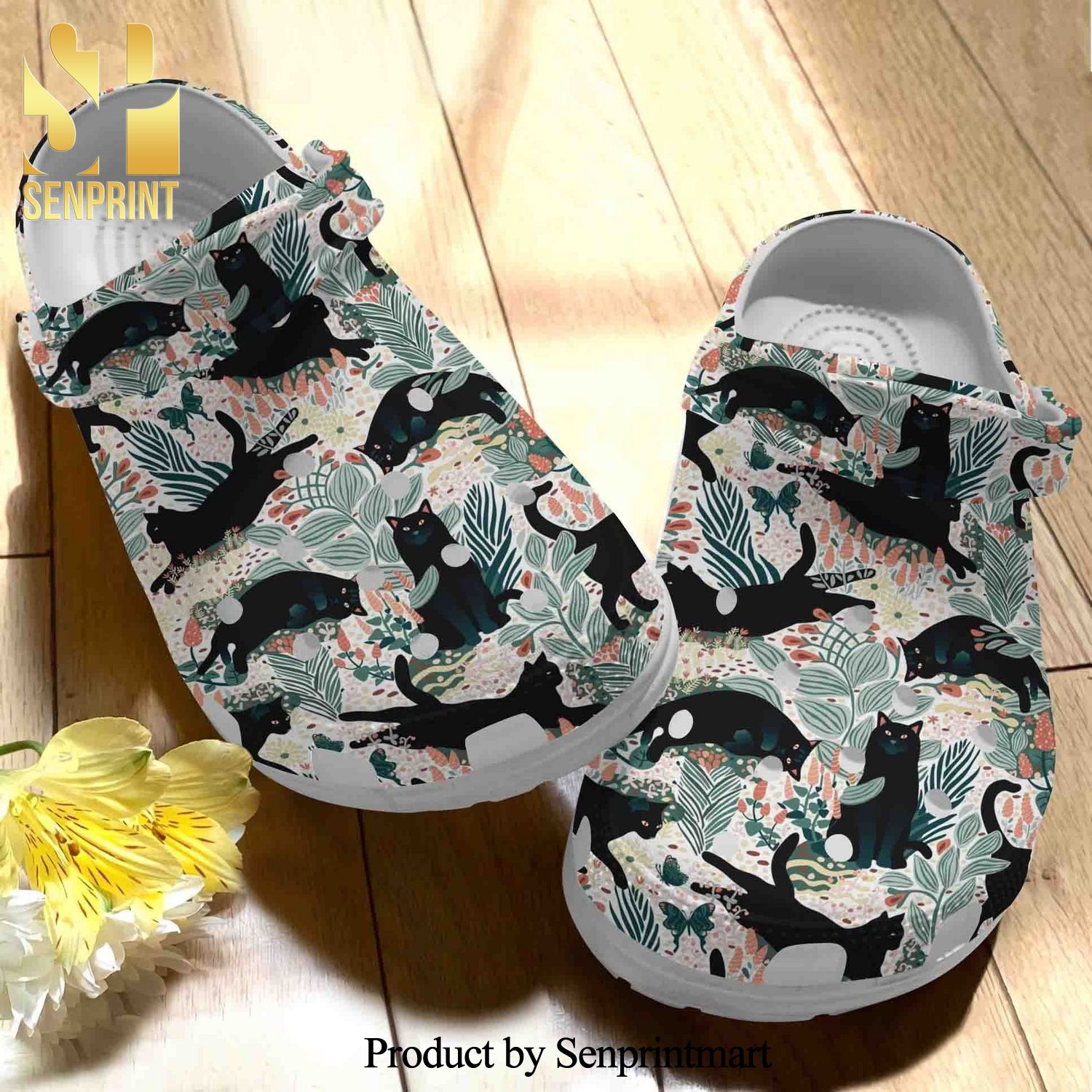 Black Cat In The Garden Floral Cute Vintage Funny Animal Gift For Lover New Outfit Crocs Sandals