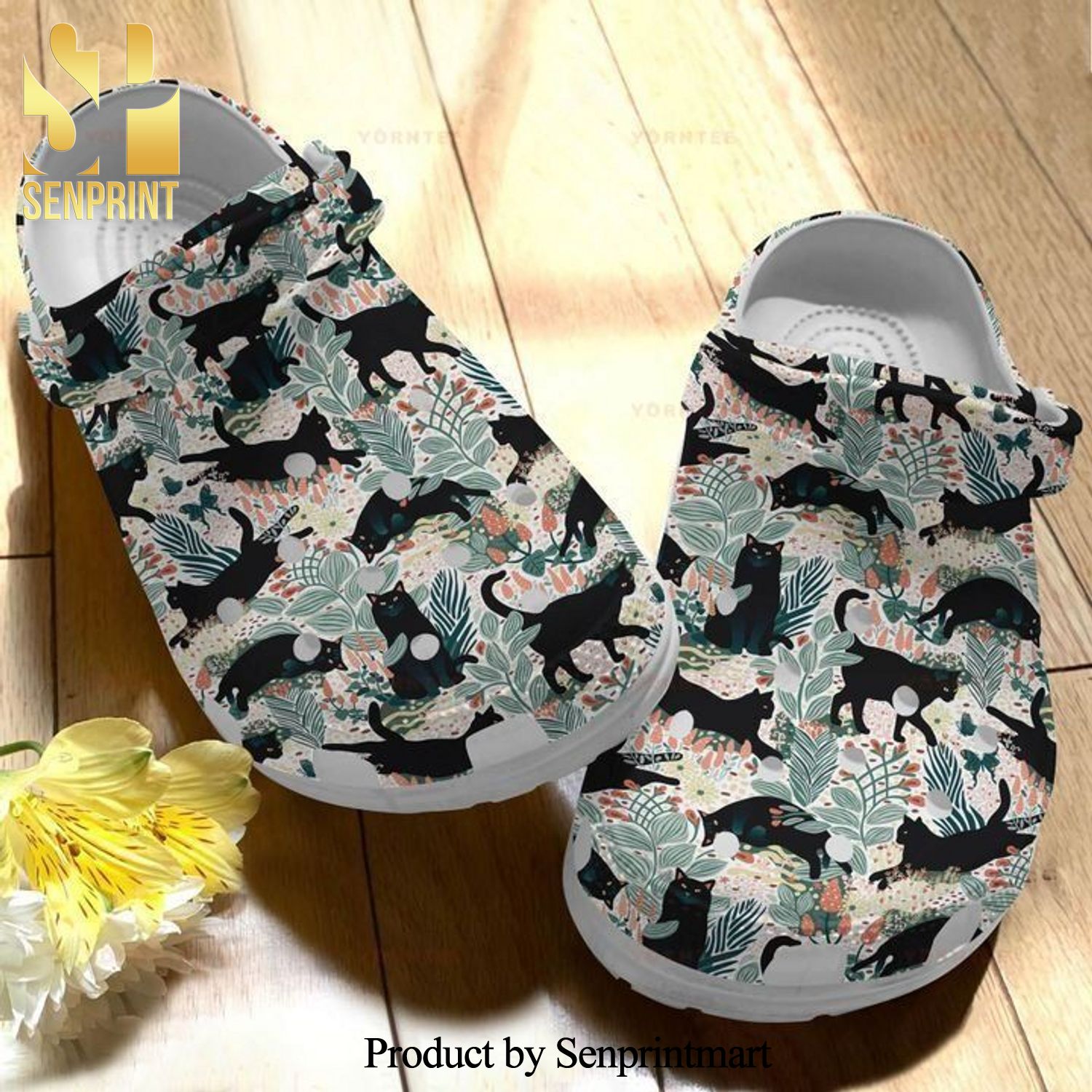 Black Cat Leaves Beautiful Gift For Lover Full Printing Crocs Sandals