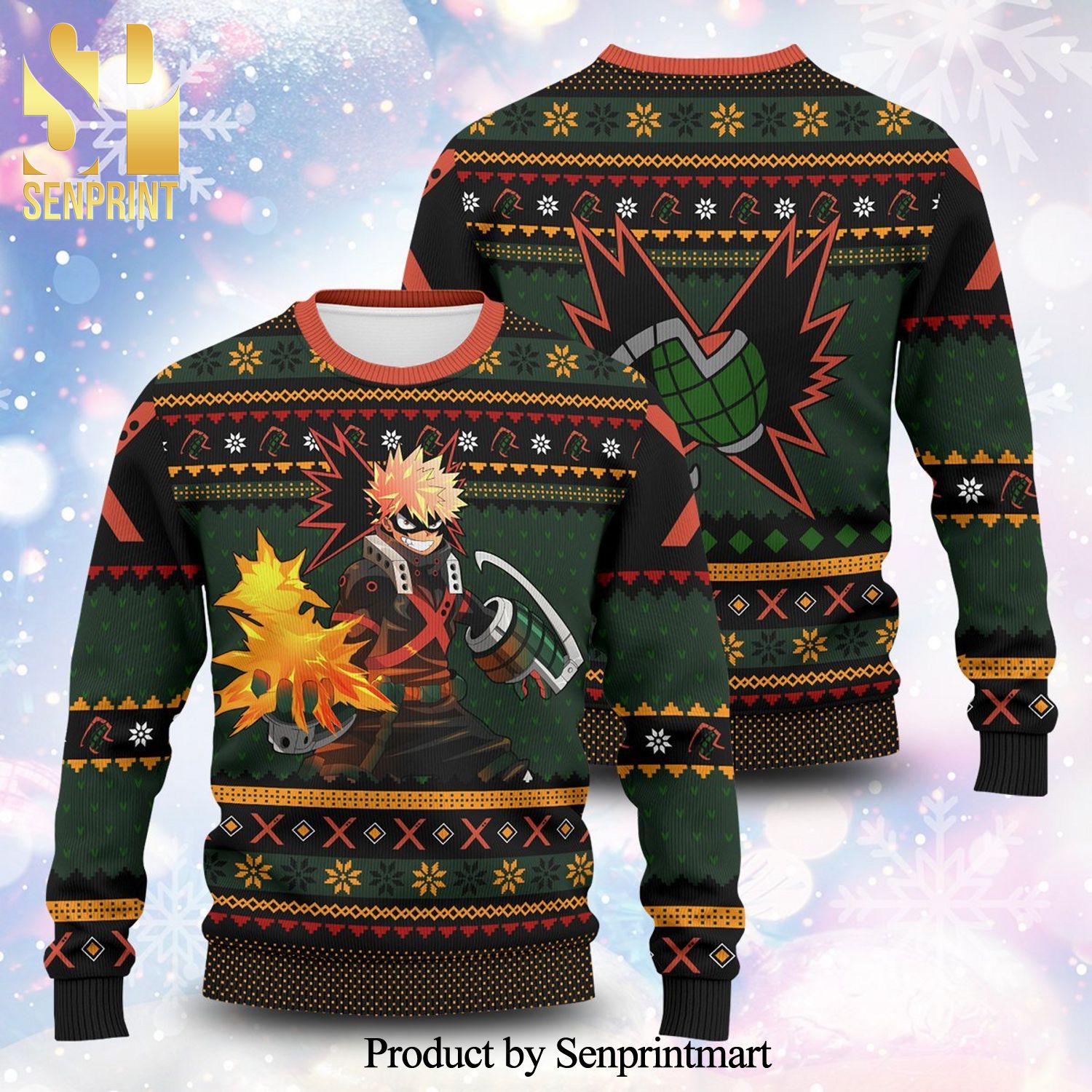 Katsuki Bakugo Fire My Hero Academia Manga Anime Knitted Ugly Christmas Sweater