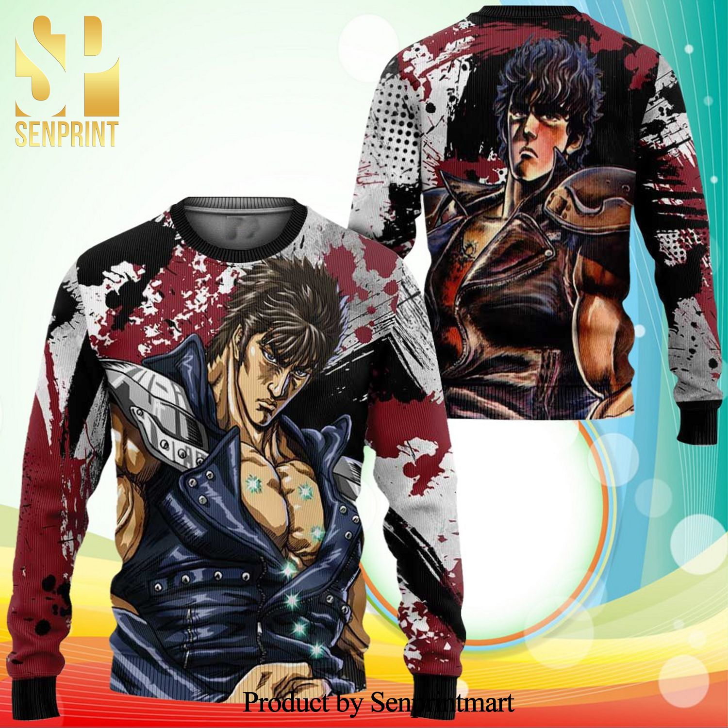 Kenshiro Fist Of The North Star Manga Anime Blood Splatter Knitted Ugly Christmas Sweater