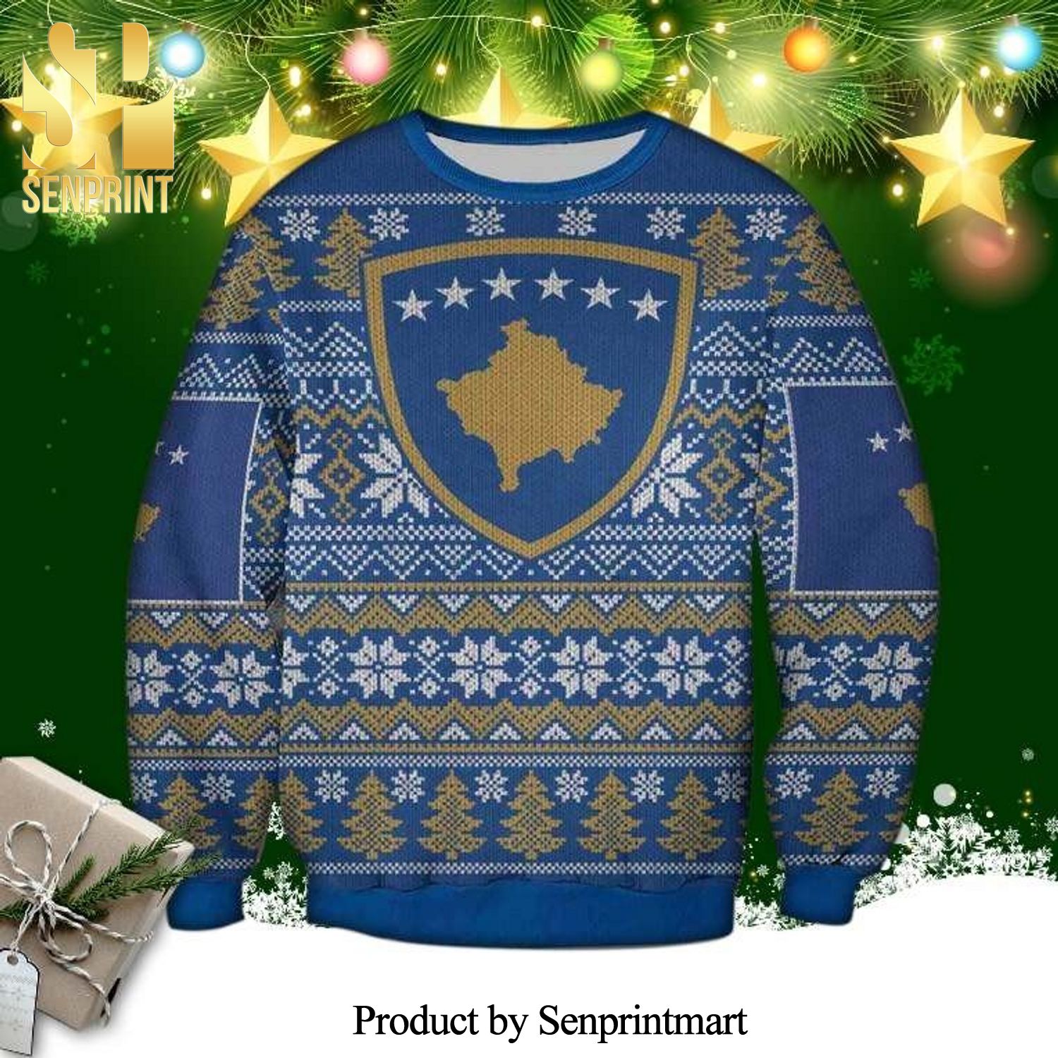 Kosovo Blue Knitted Ugly Christmas Sweater