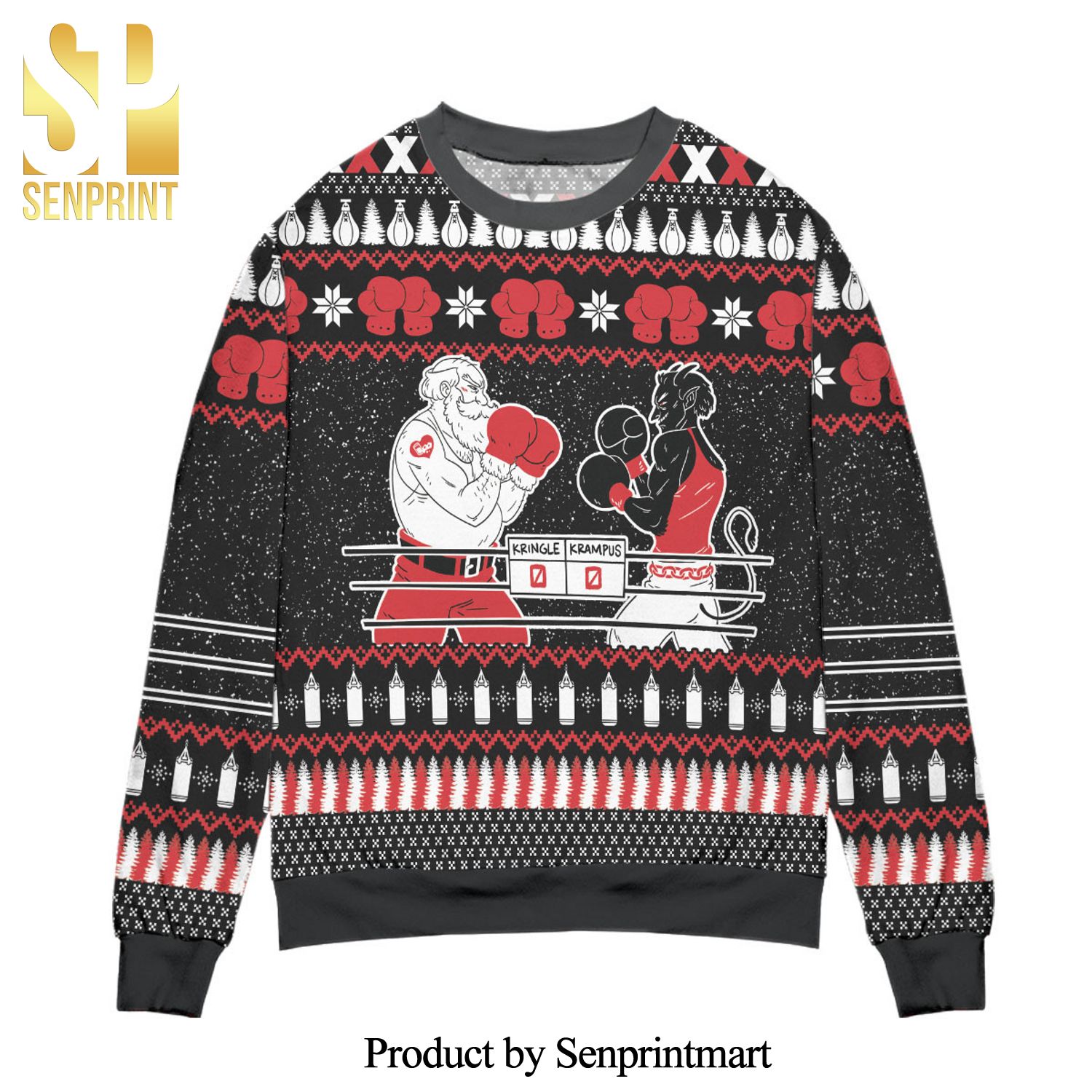 Krampus vs Kringle Pine Tree And Snowflake Pattern Knitted Ugly Christmas Sweater – Black