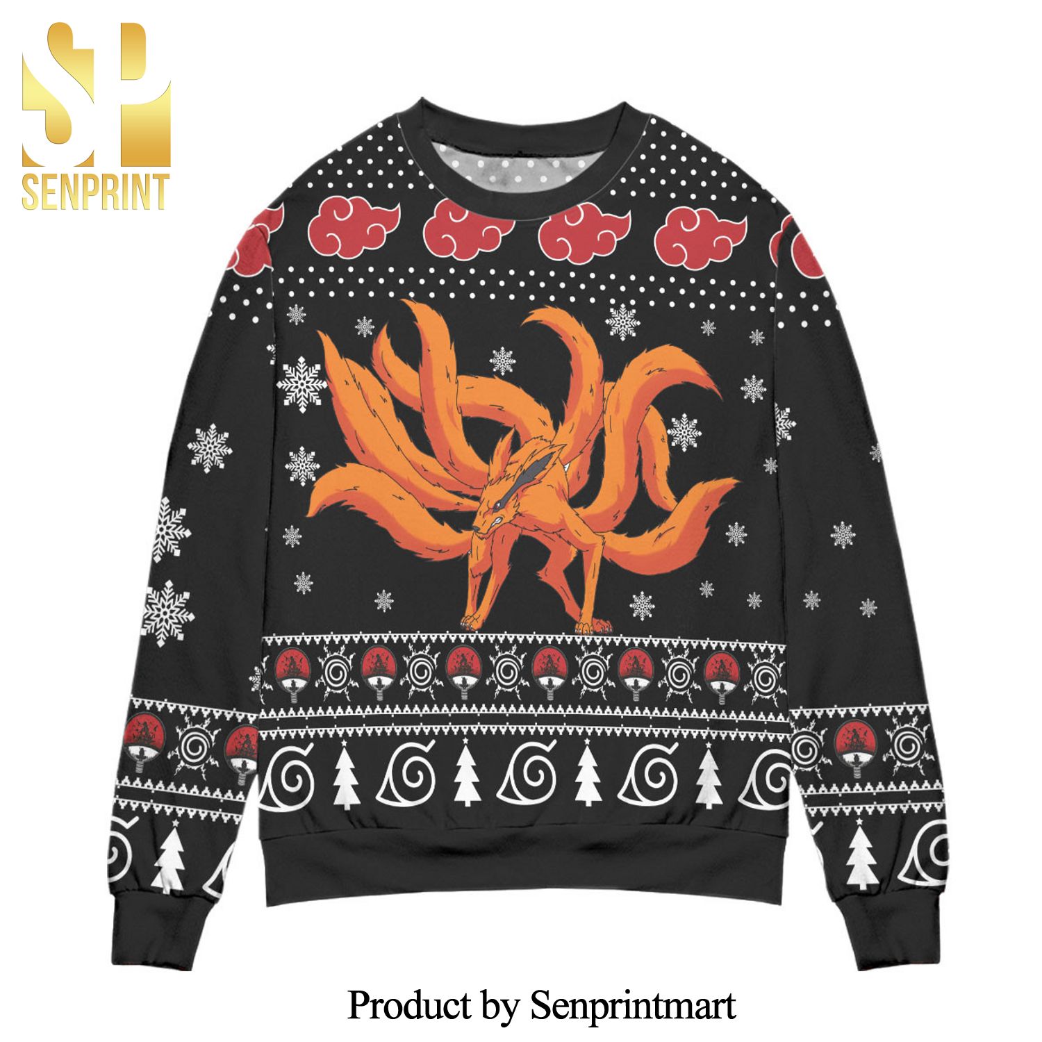 Kurama Naruto Akatsuki Logo Snowflake Knitted Ugly Christmas Sweater – Black