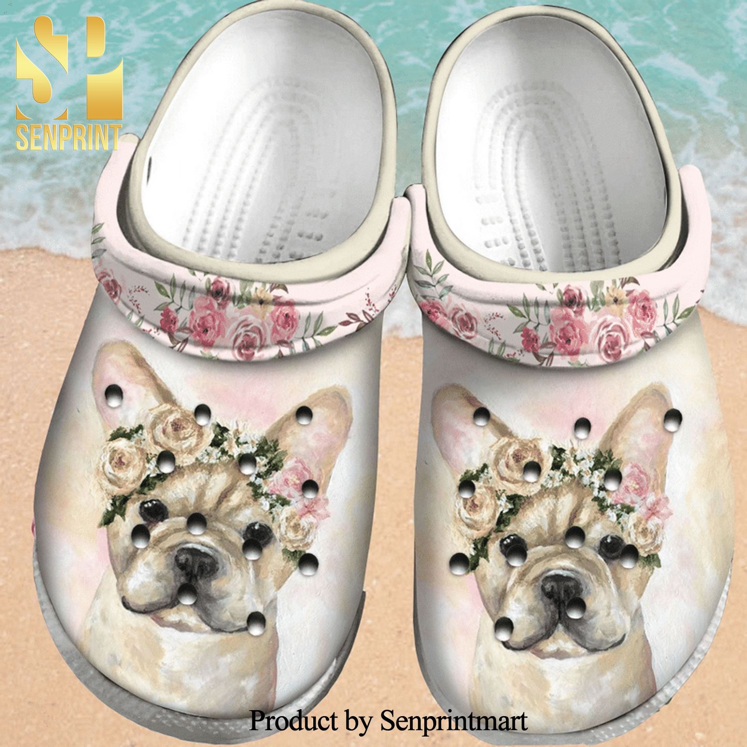 Bulldog Flower Rubber Crocs Crocband Adult Clogs