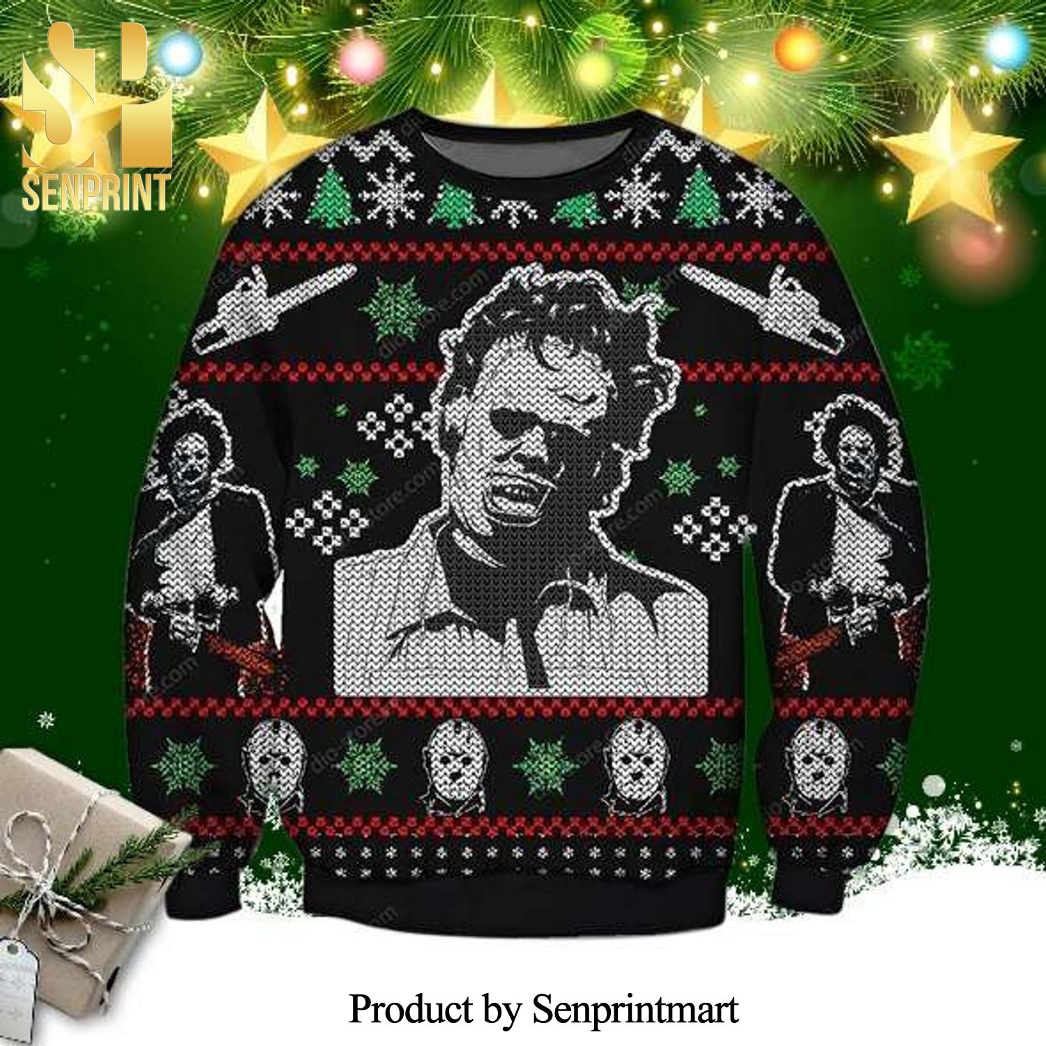 Leatherface Jason Voorhees Friday the 13th Horror Movie Halloween Knitted Ugly Christmas Sweater