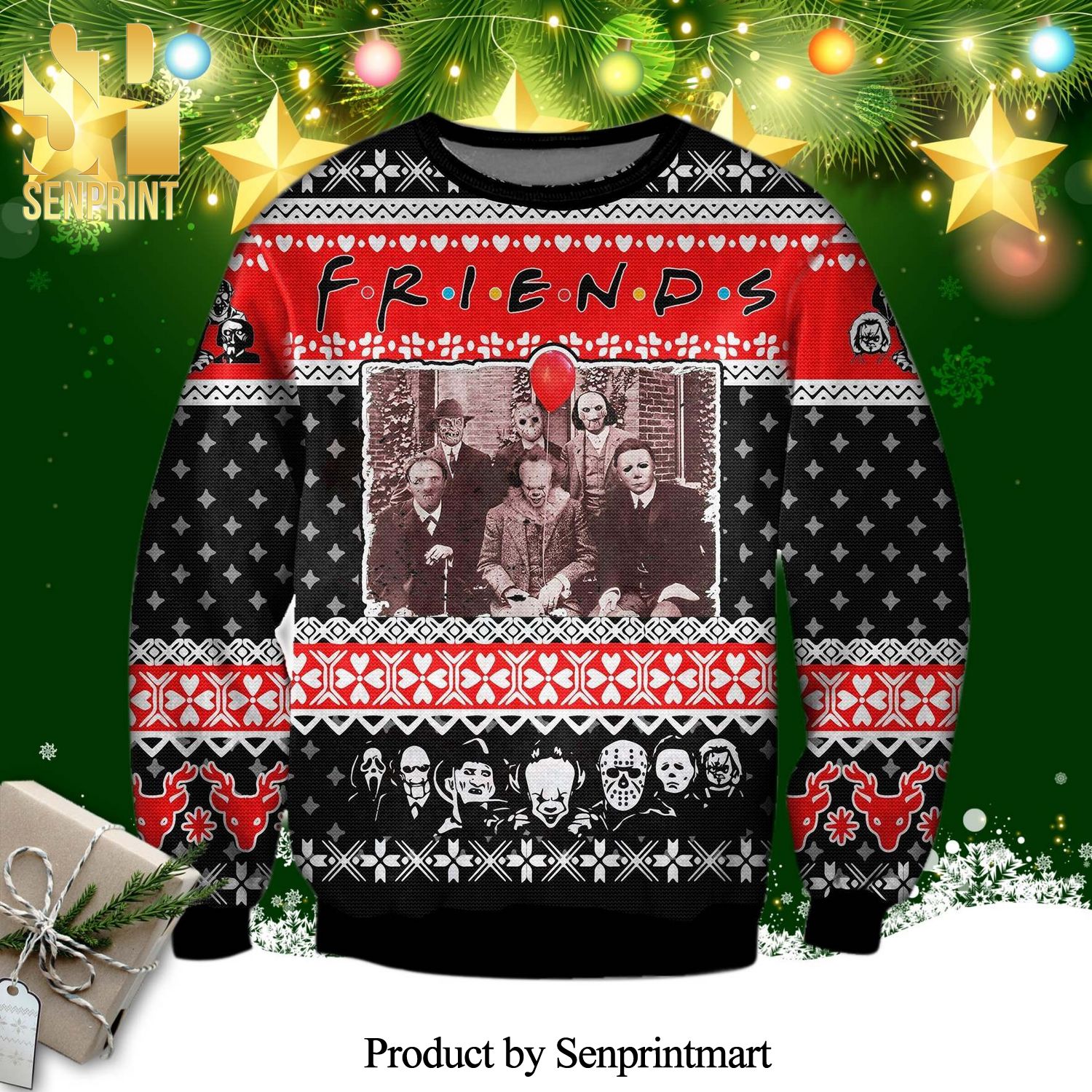 Leatherface Jason Voorhees Hannibal Lecter Horror Friends Knitted Ugly Christmas Sweater