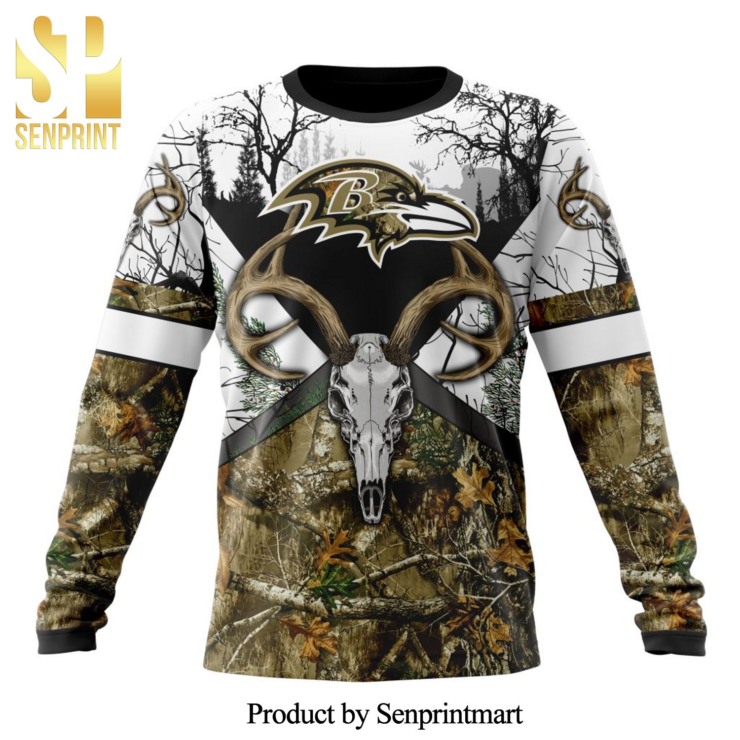 NFL Baltimore Ravens For Sport Fans Wih Deer Skull And Forest Pattern For Go Hunting All Over Printed Shirt