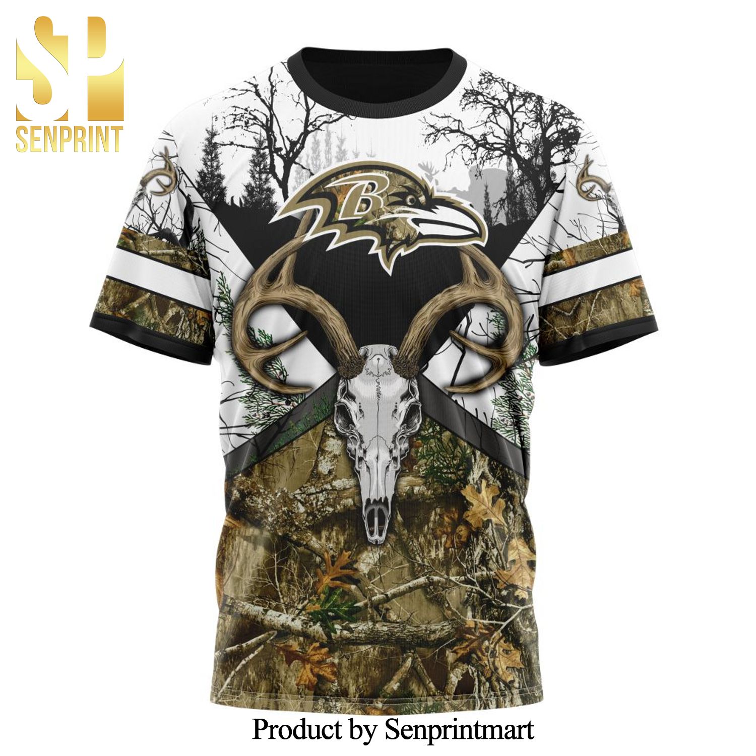 NFL Baltimore Ravens For Sport Fans Wih Deer Skull And Forest Pattern For Go Hunting All Over Printed Shirt