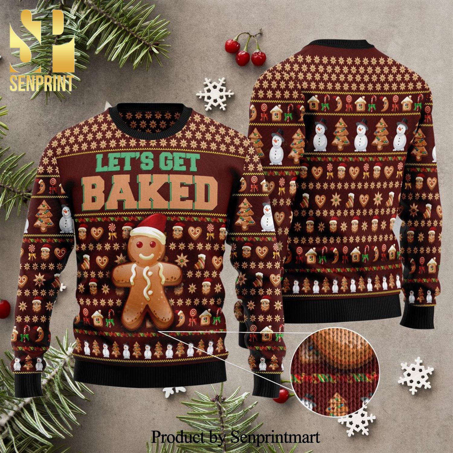 Lets Get Baked Gingerbread Cookies Knitted Ugly Christmas Sweater