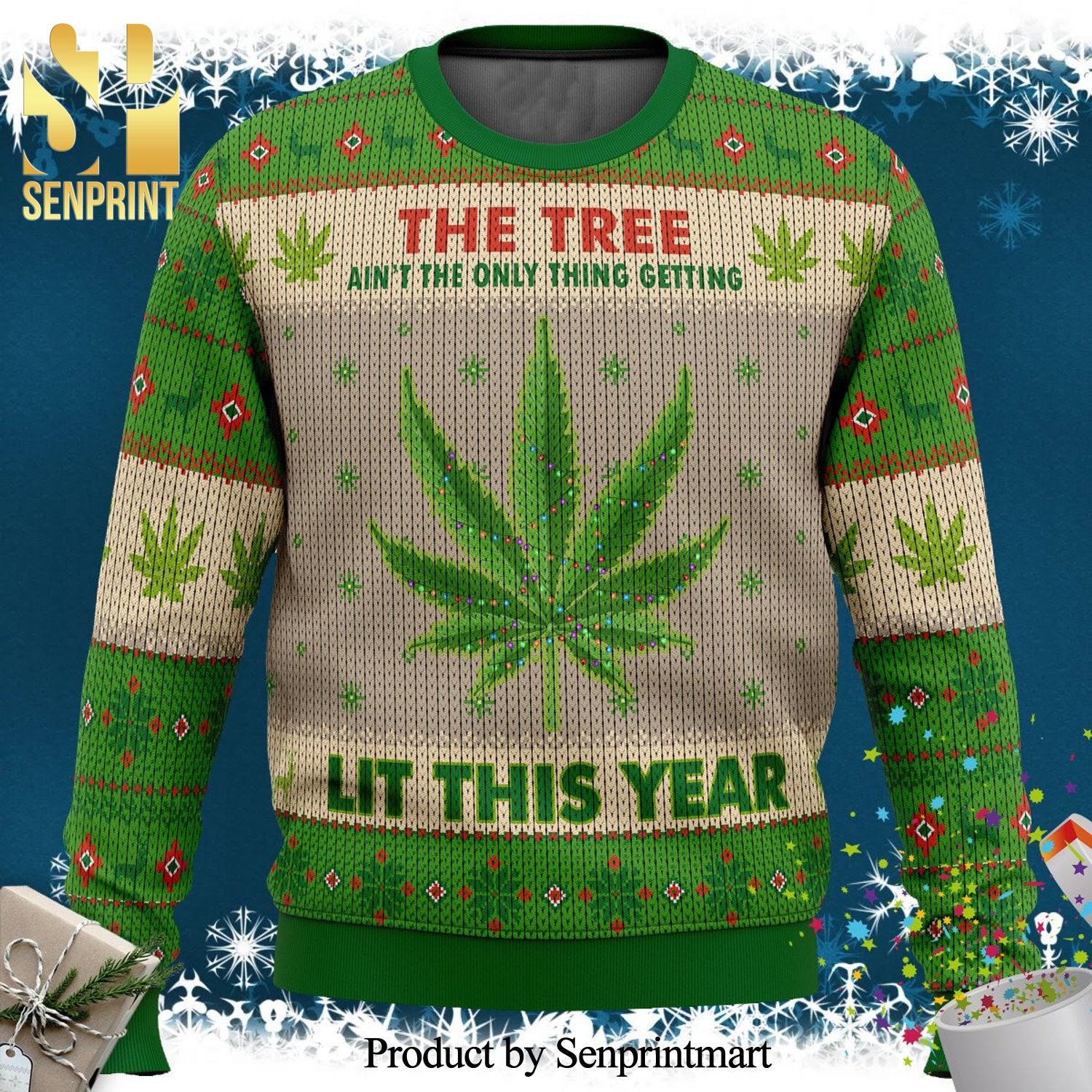 Lit This Year Weed Knitted Ugly Christmas Sweater