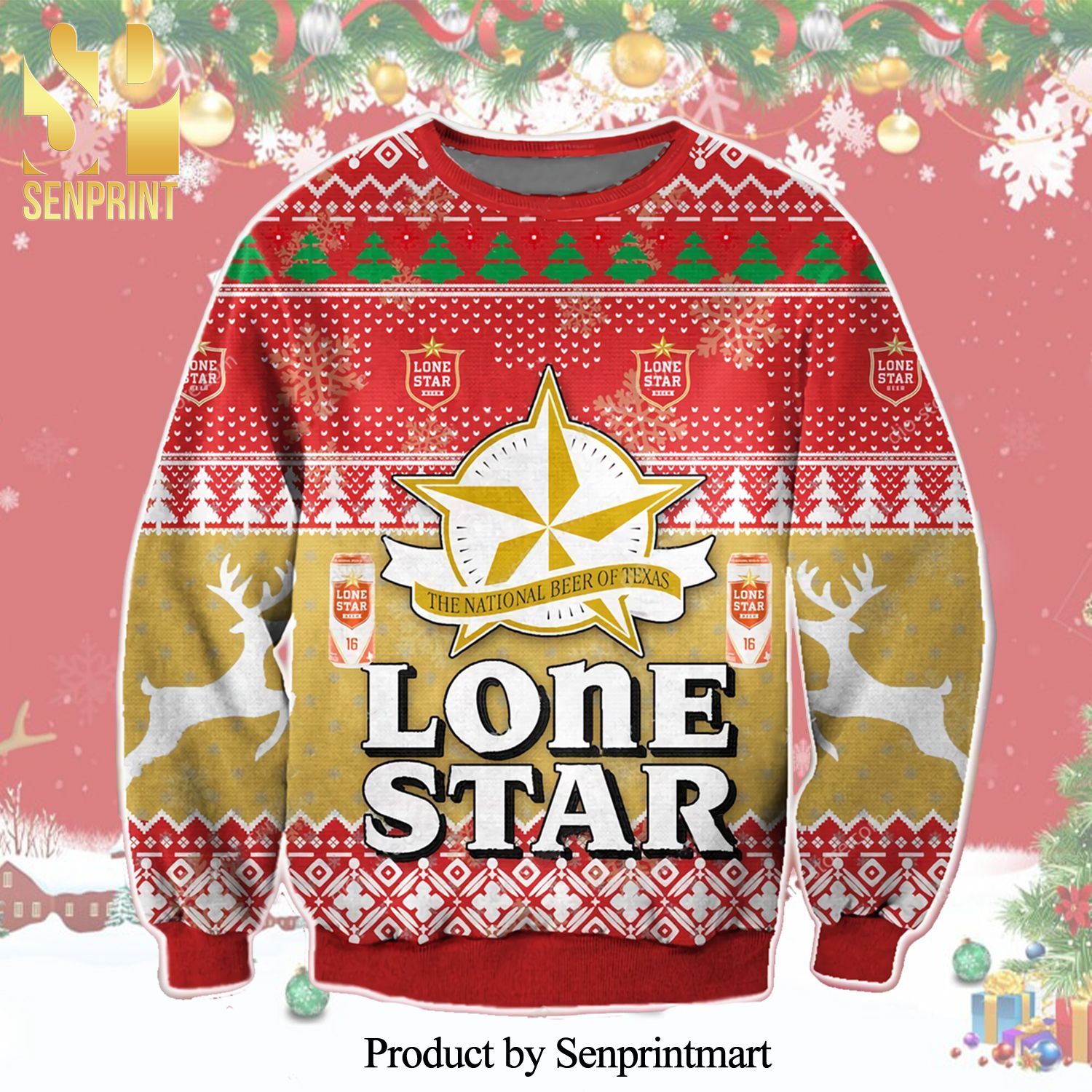 Lone Star The National Beer Of Texas Knitted Ugly Christmas Sweater