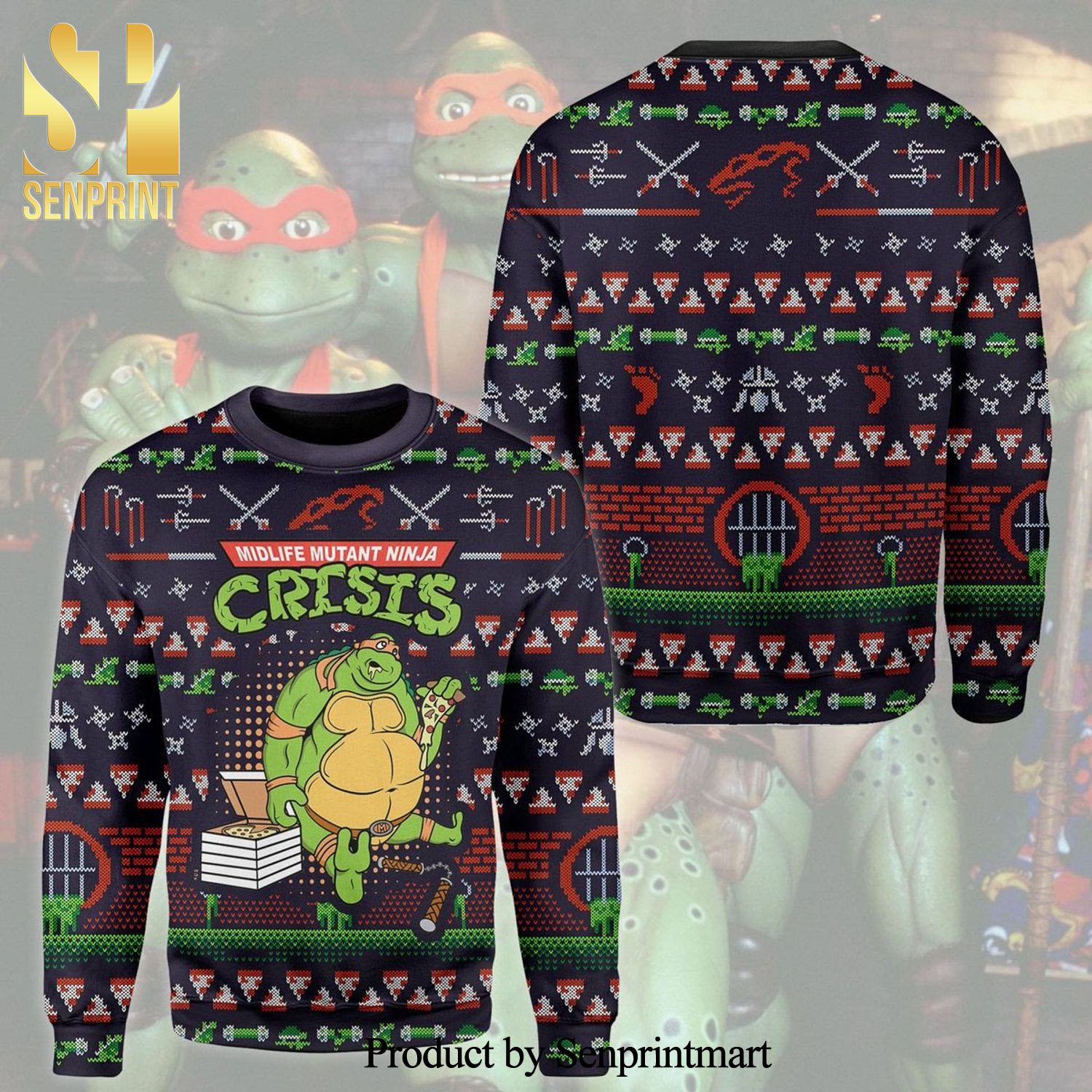 Midlife Teenage Mutant Ninja Turtles Crisis Eating Pizza Knitted Ugly Christmas Sweater