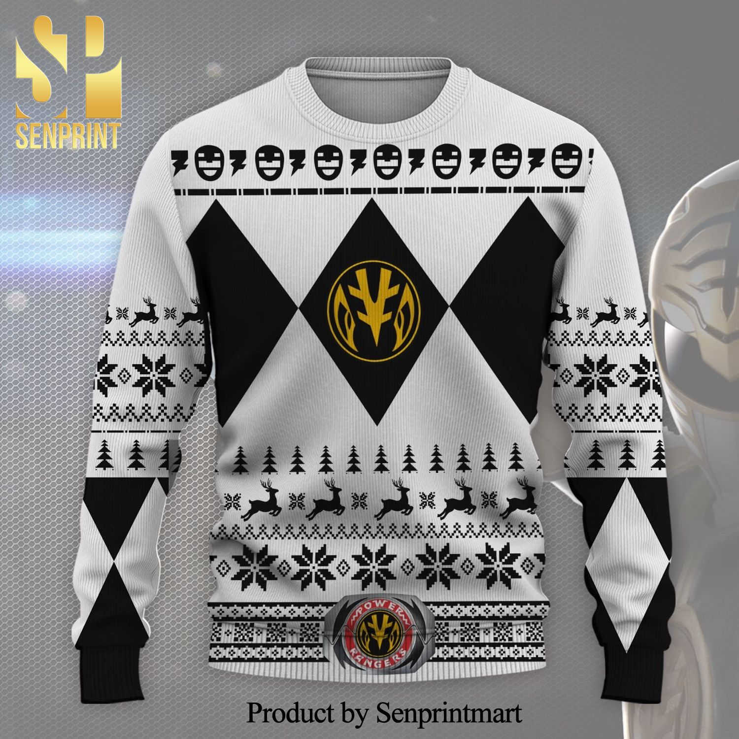 Mighty Morphin Power Rangers White Snow Flake Knitted Ugly Christmas Sweater