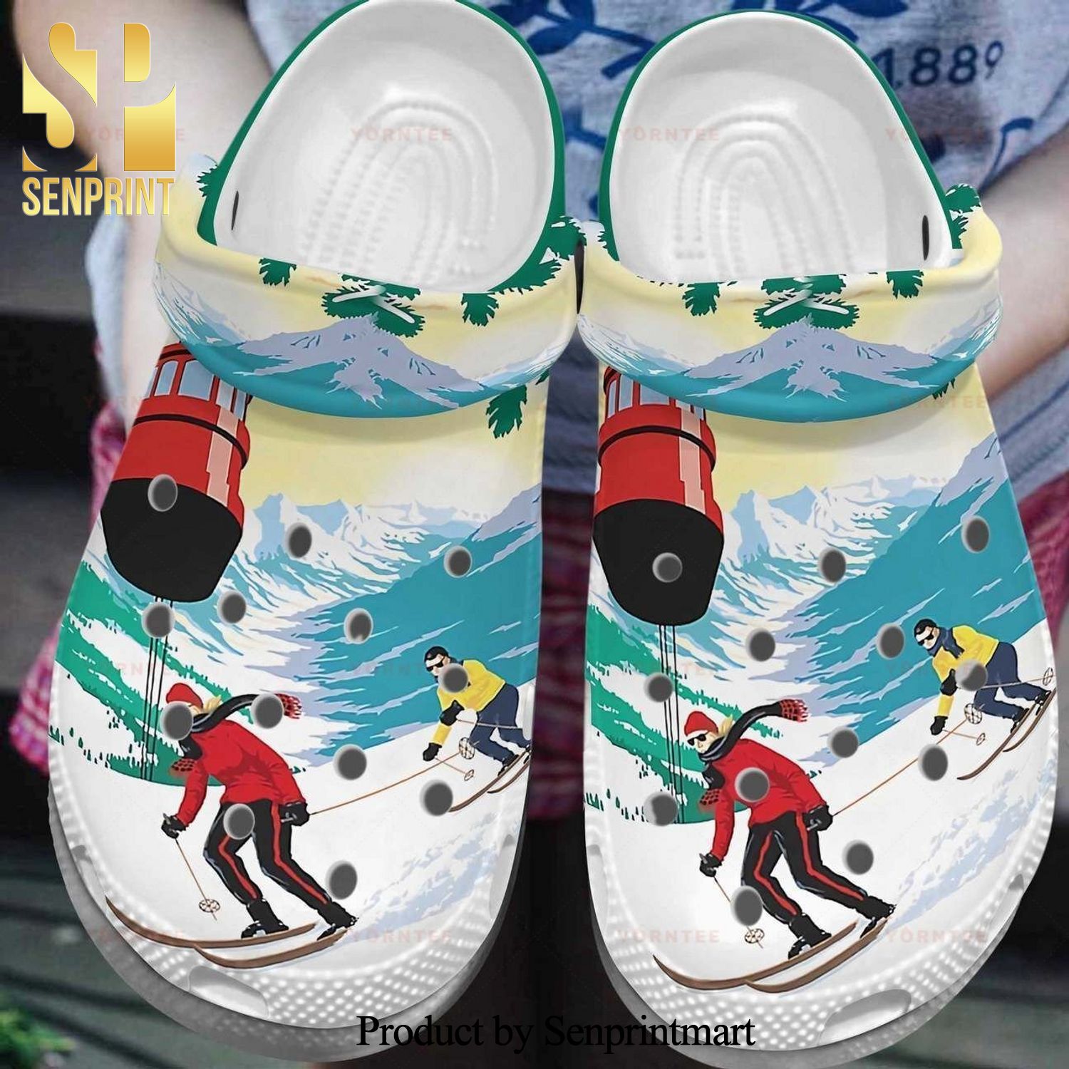 Couple Skiing Snow Mountain Gift For Lover Rubber Crocs Sandals